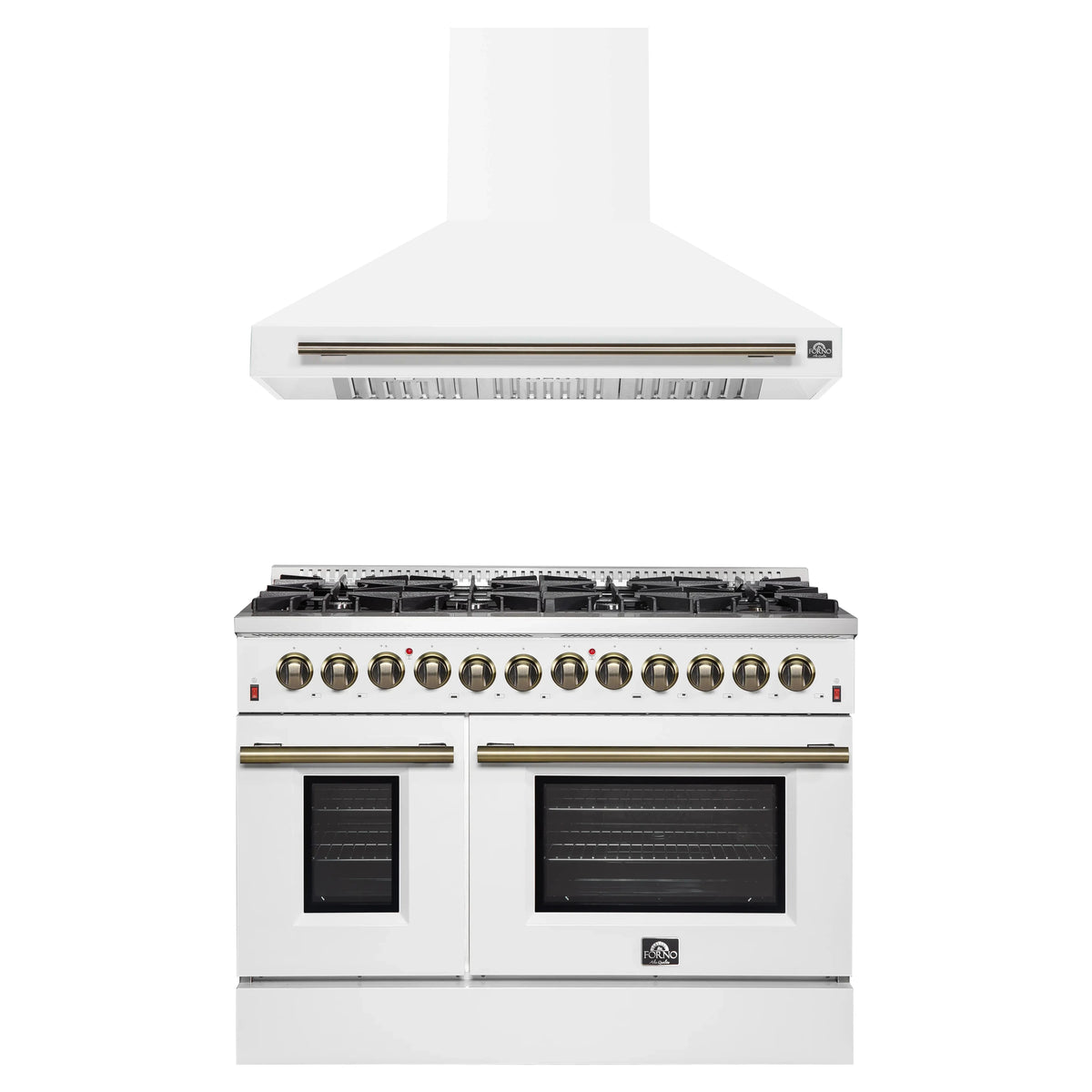 Forno Galiano 2-Piece Appliance Package - 48-Inch Dual Fuel Range & 48-Inch Wall Mount Range Hood in White with Antique Brass Trim