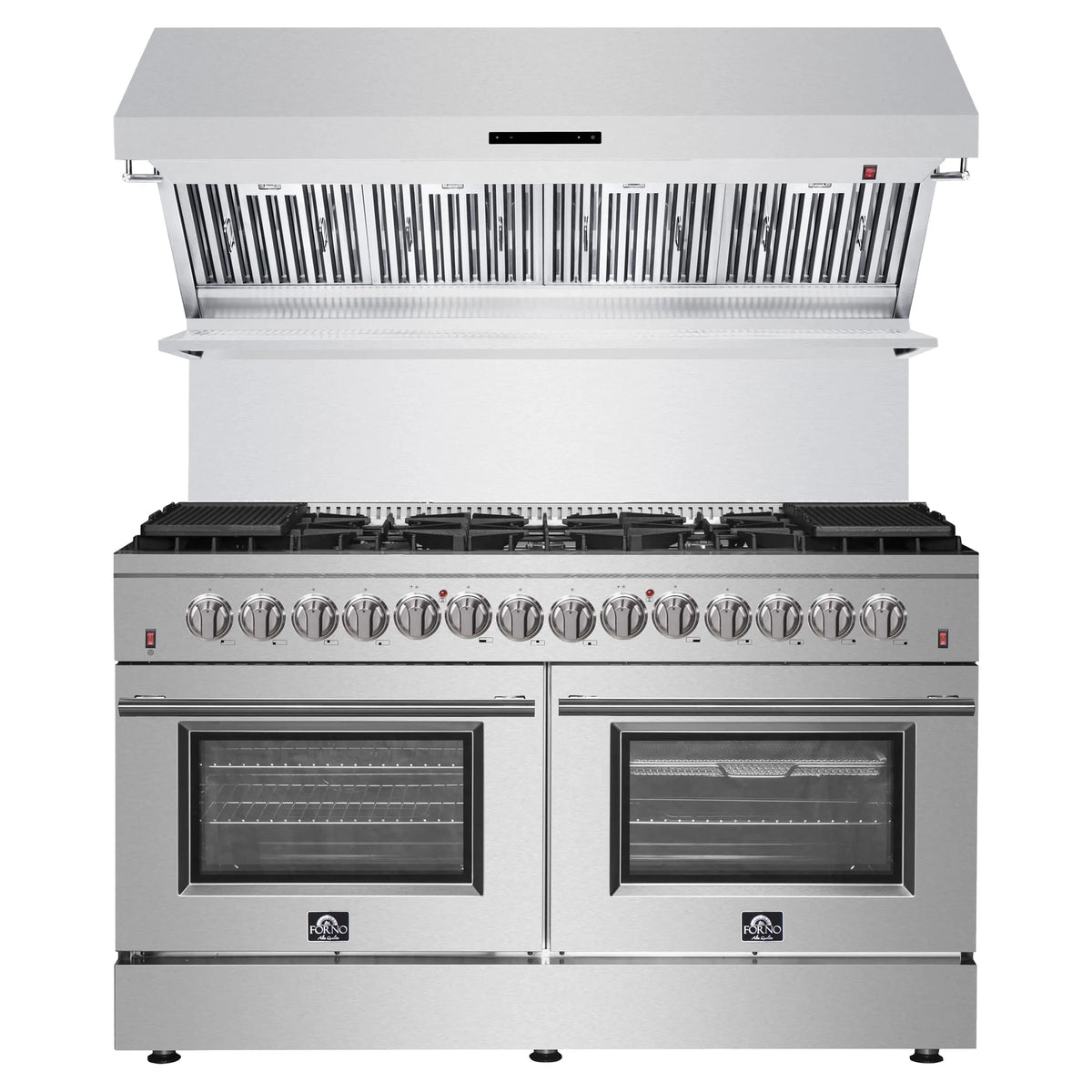 Forno 2-Piece Appliance Package - 60-Inch Dual Fuel Range and Wall Mount Range Hood in Stainless Steel
