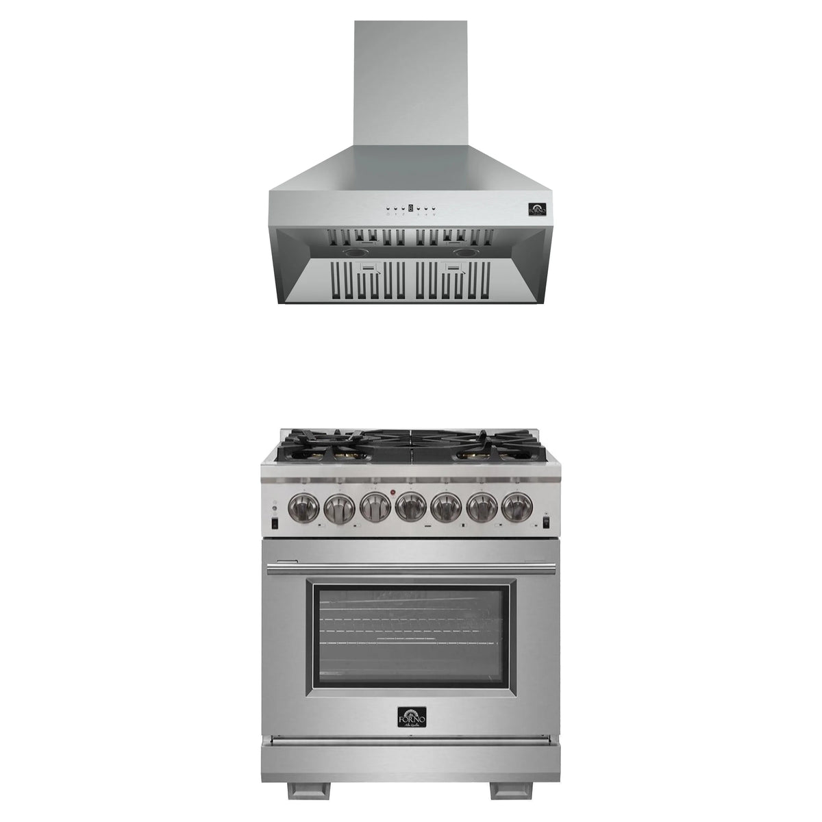 Forno 2-Piece Pro Appliance Package - 30-Inch Dual Fuel Range & Wall Mount Hood in Stainless Steel