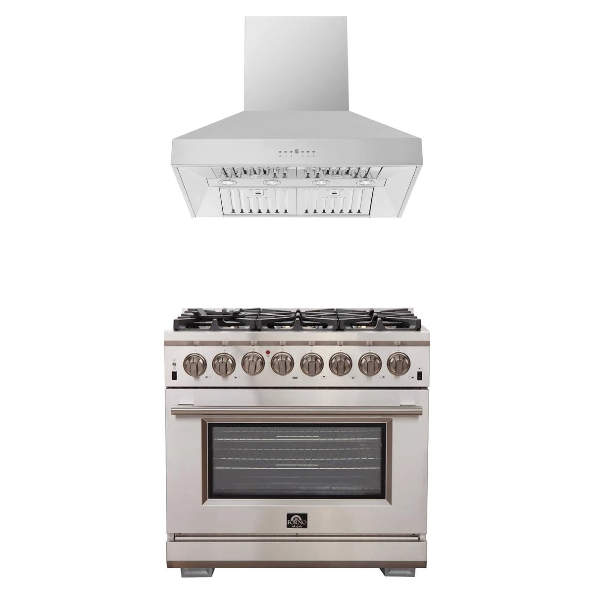 Forno 2-Piece Pro Appliance Package - 36-Inch Dual Fuel Range & Wall Mount Hood in Stainless Steel