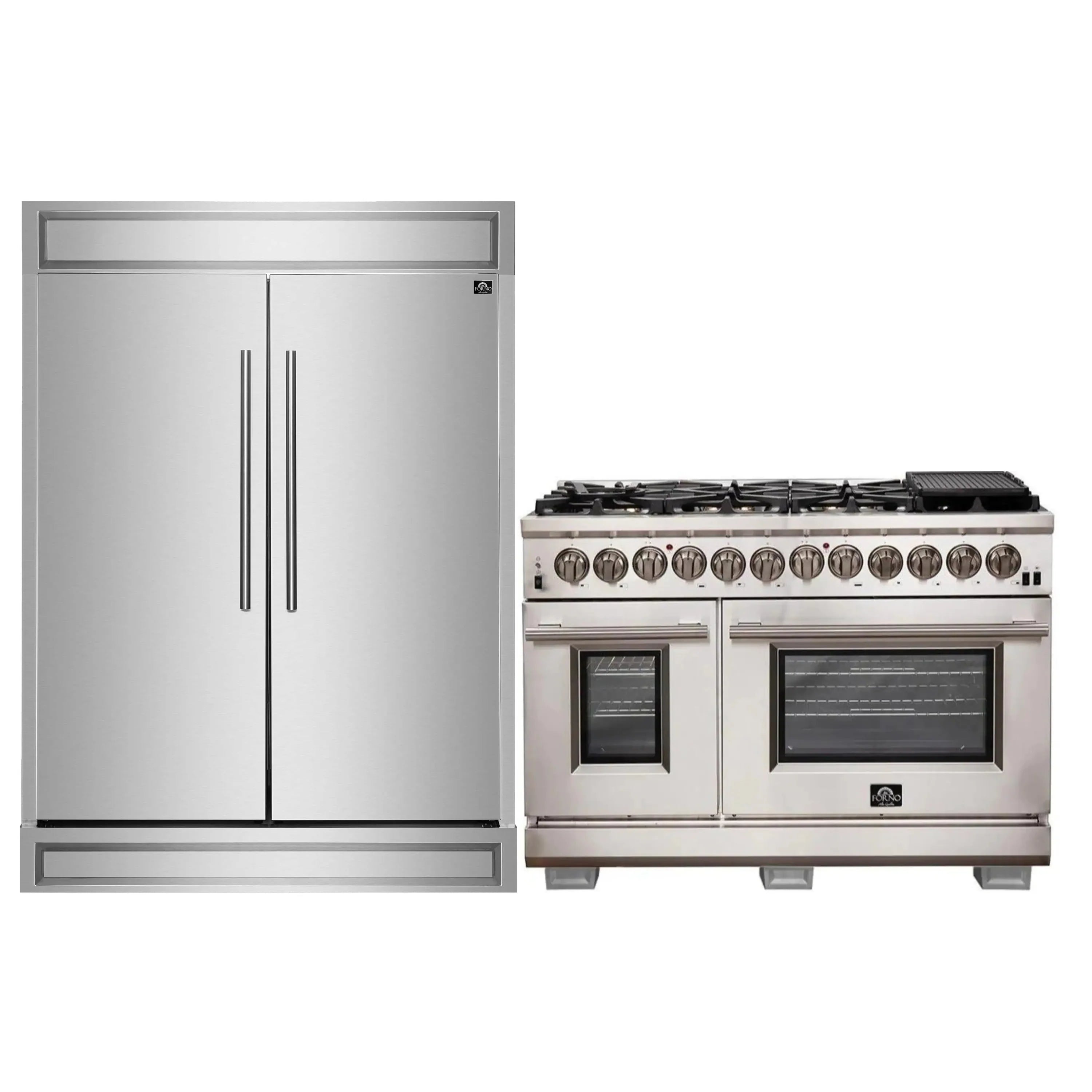Stainless steel 2-piece appliance set: two-door refrigerator and dual-fuel range