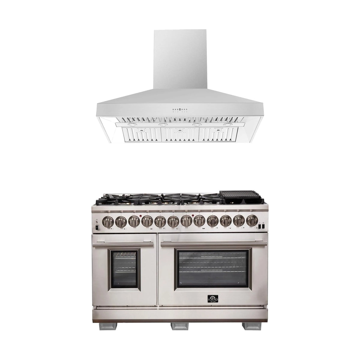Forno 2-Piece Pro Appliance Package - 48-Inch Dual Fuel Range & Wall Mount Hood in Stainless Steel