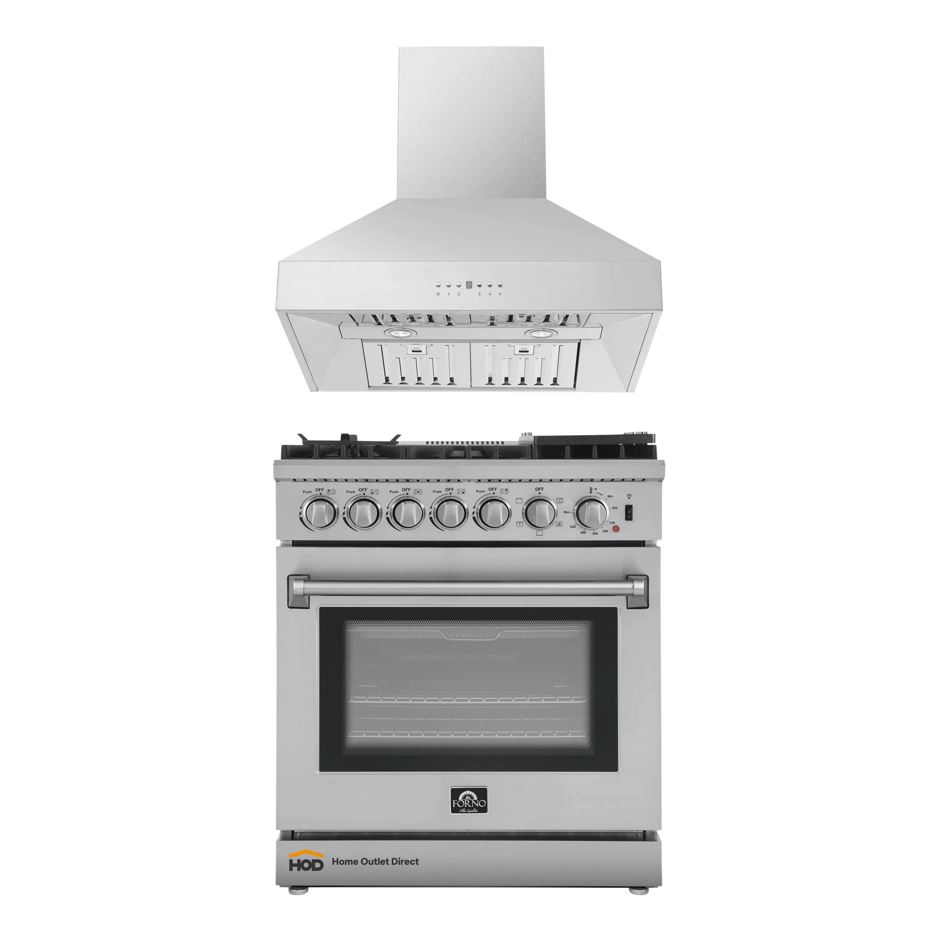 Stainless steel wall hood above dual-fuel range with front knobs and oven door