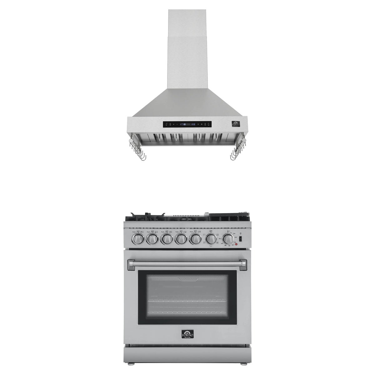Forno 2-Piece Appliance Package - 30-Inch Dual Fuel Range with Air Fryer & Wall Mount Hood in Stainless Steel