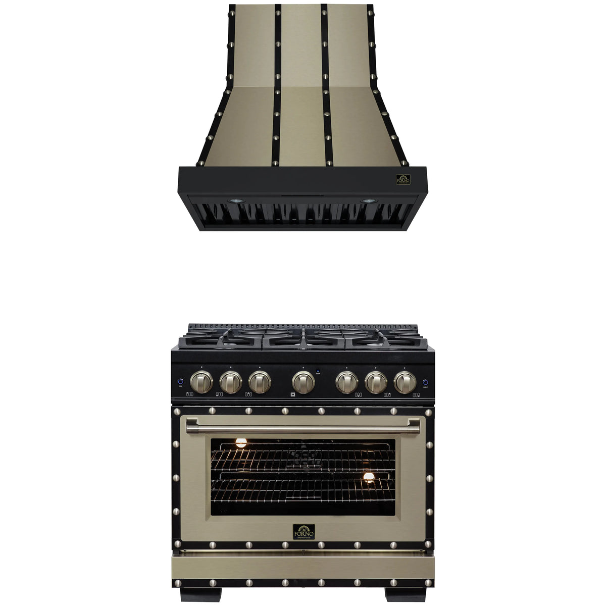 Forno 2-Piece Appliance Package - 36-Inch Dual Fuel Range & Wall Mount Range Hood in Black with Antique Brass Trim
