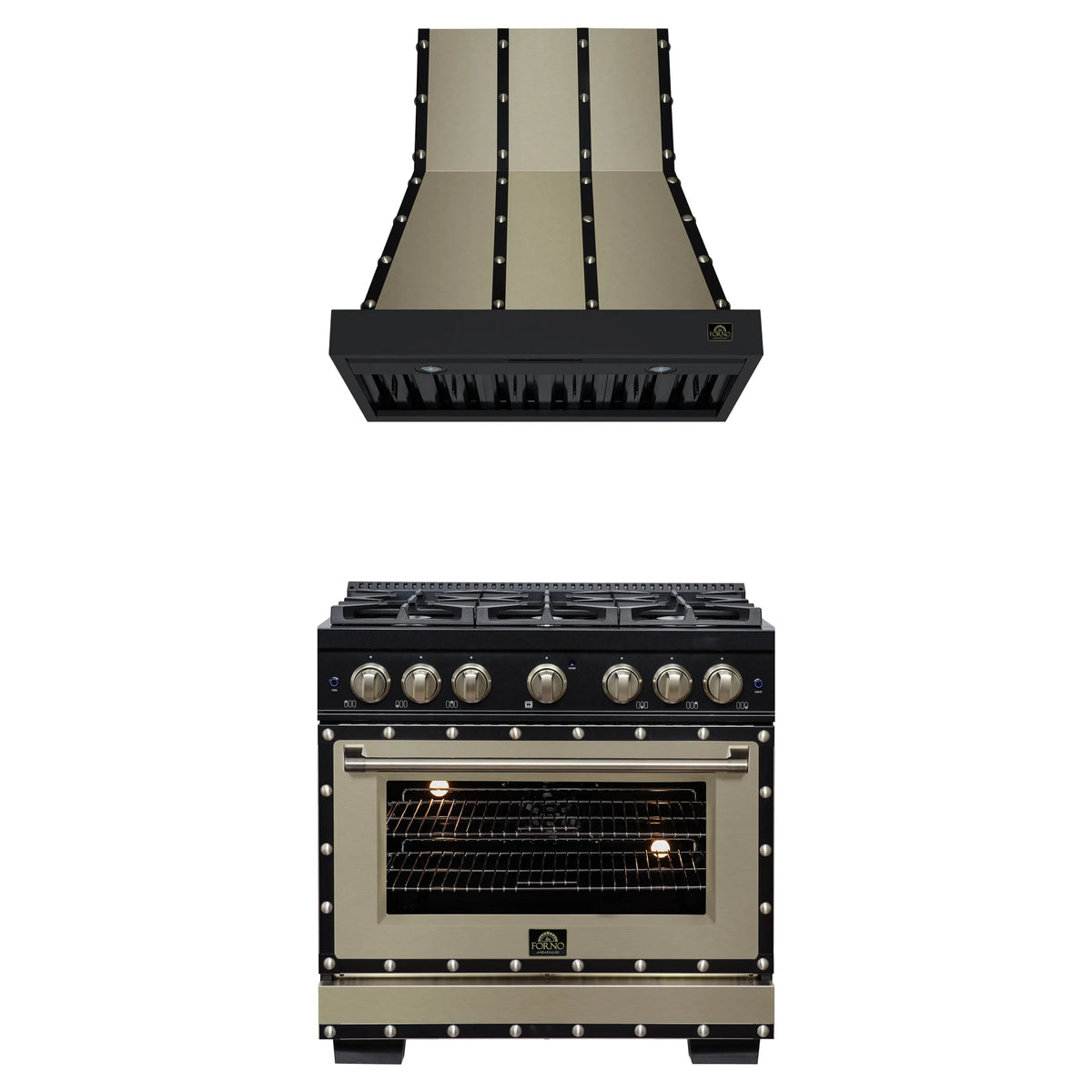 Forno 2-Piece Appliance Package - 36-Inch Dual Fuel Range & Wall Mount Range Hood in Black with Antique Brass Trim