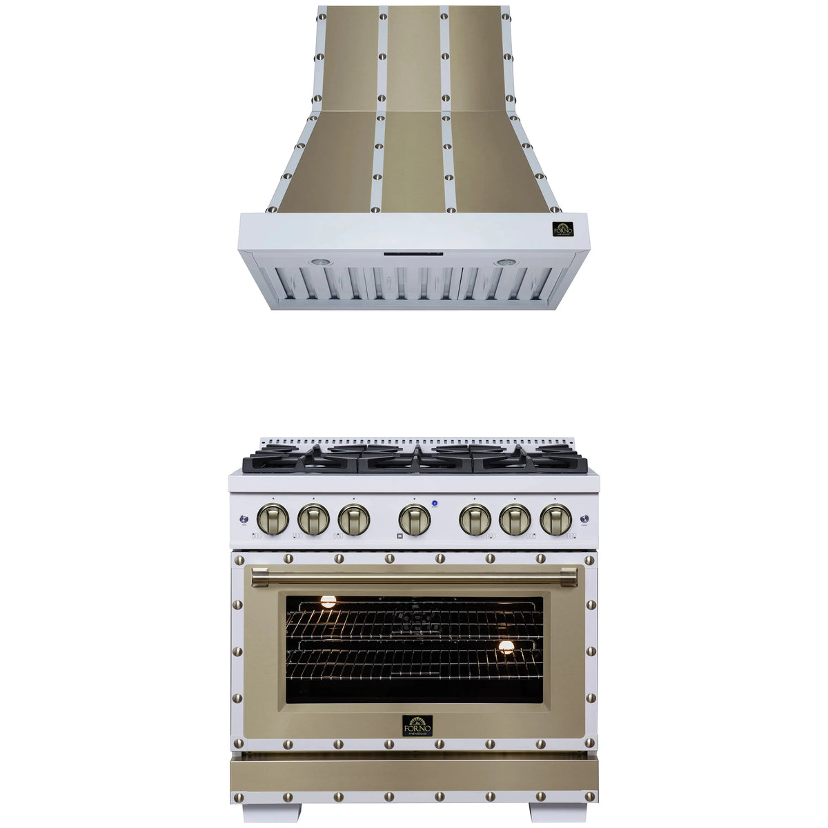 Forno 2-Piece Appliance Package - 36-Inch Dual Fuel Range & Wall Mount Range Hood in White with Antique Brass Trim