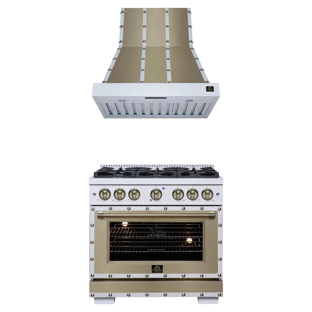 Forno 2-Piece Appliance Package - 36-Inch Dual Fuel Range & Wall Mount Range Hood in White with Antique Brass Trim