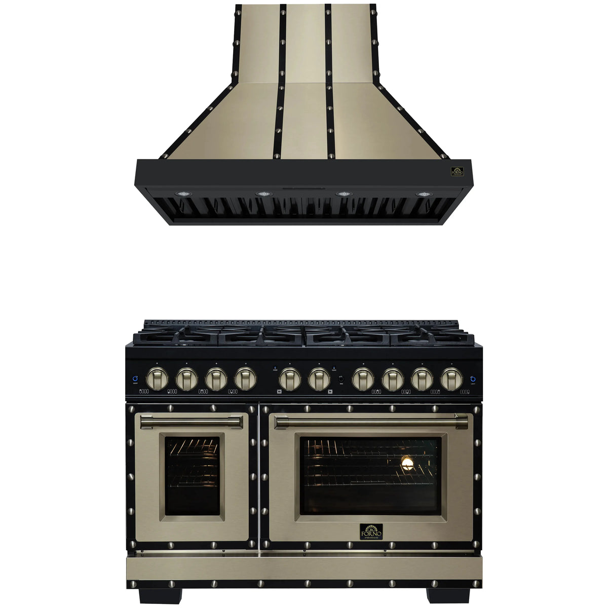 Forno 2-Piece Appliance Package - 48-Inch Dual Fuel Range & Wall Mount Range Hood in Black with Antique Brass Trim