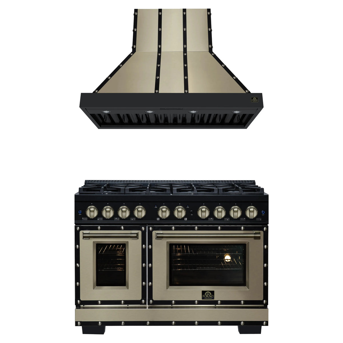 Forno 2-Piece Appliance Package - 48-Inch Dual Fuel Range & Wall Mount Range Hood in Black with Antique Brass Trim
