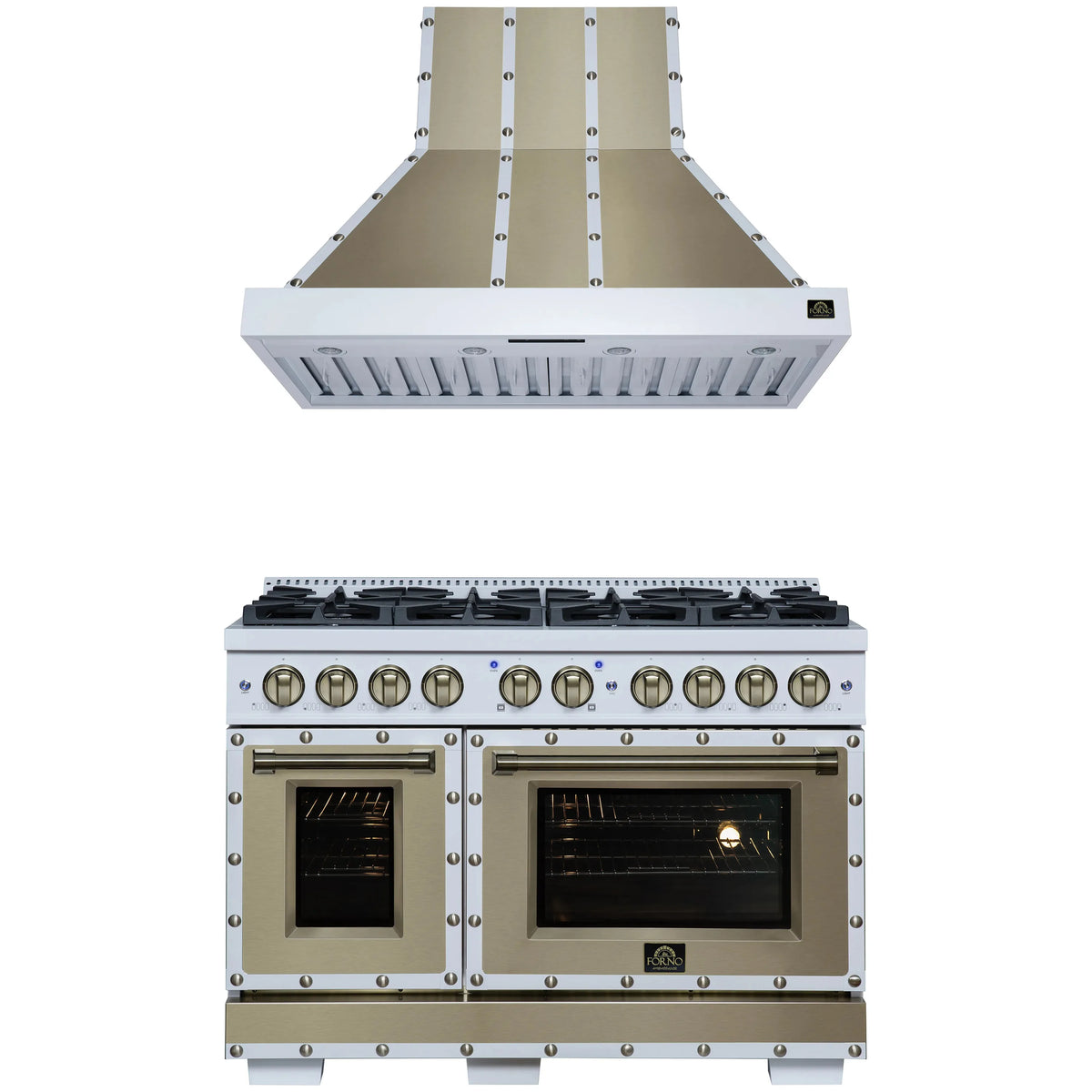Forno 2-Piece Appliance Package - 48-Inch Dual Fuel Range & Wall Mount Range Hood in White with Antique Brass Trim