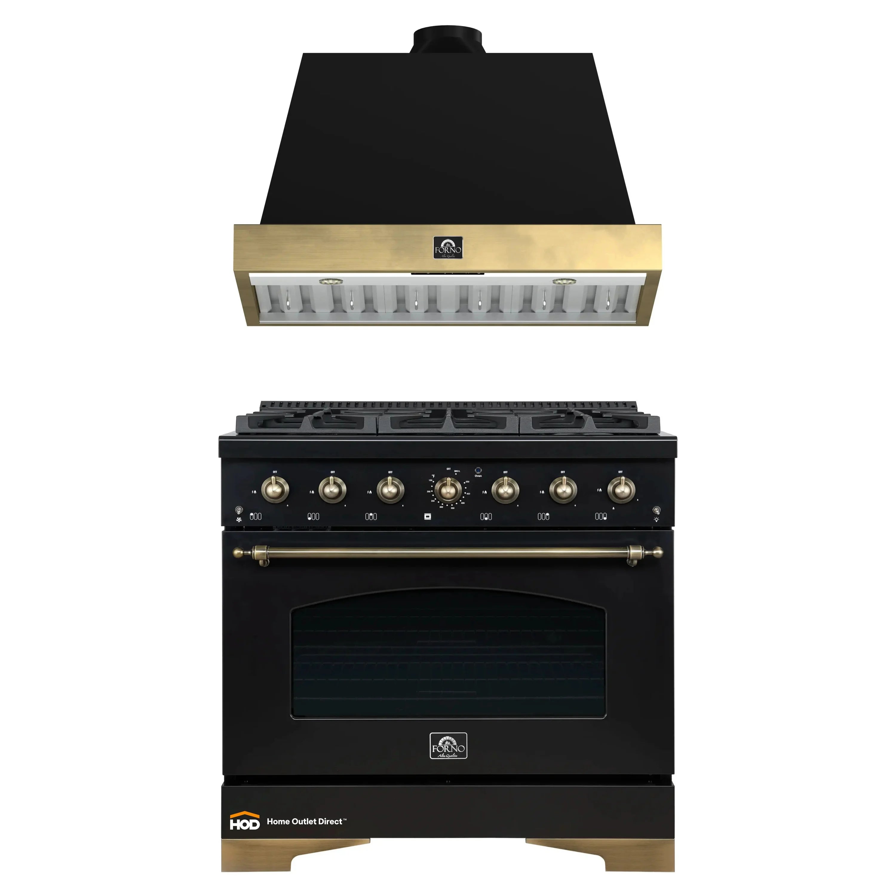 Black 36-in gas range and wall-mount range hood, antique brass trim