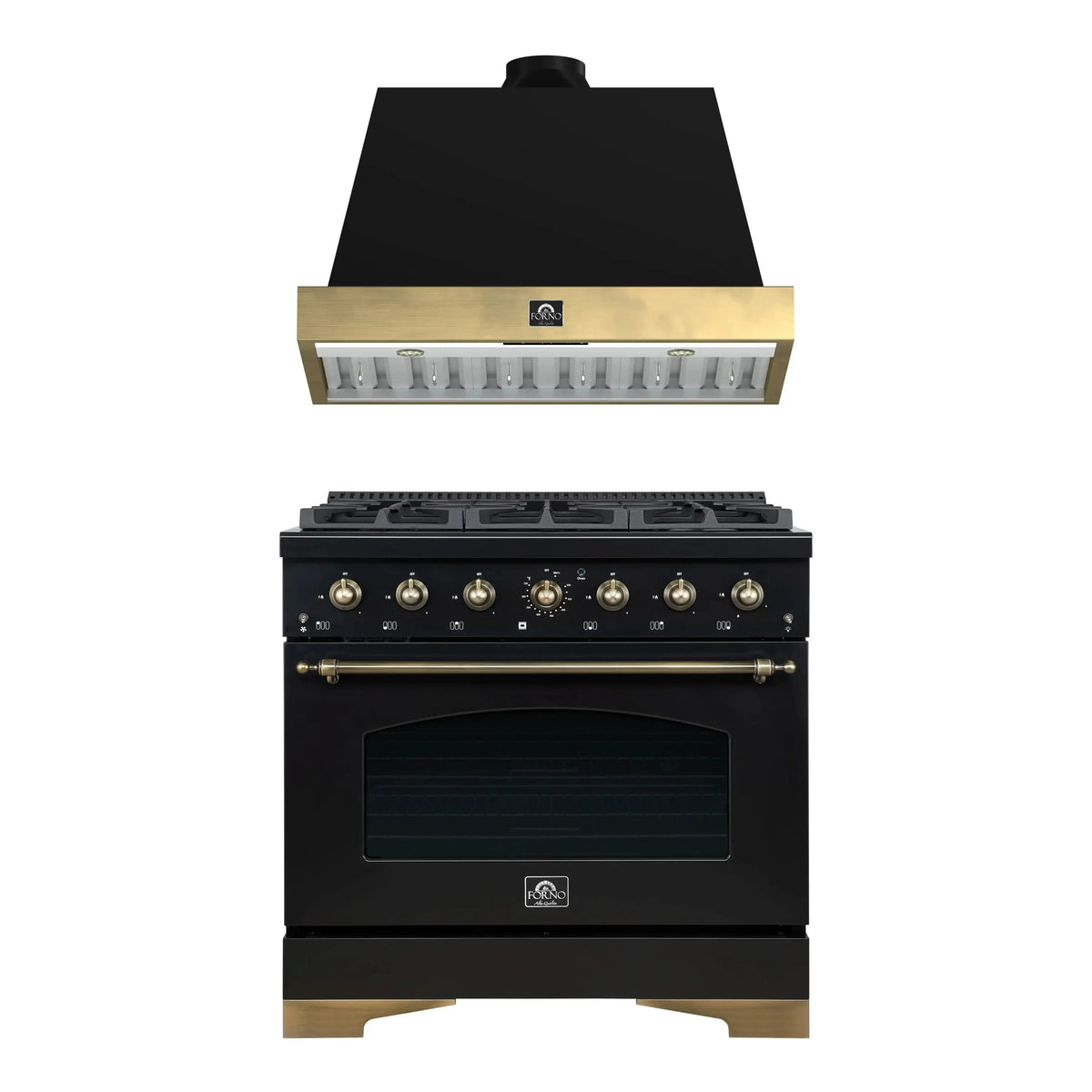 Forno Antico 2-Piece Appliance Package - 36-Inch Gas Range & 36-Inch Wall Mount Range Hood in Black with Antique Brass Trim