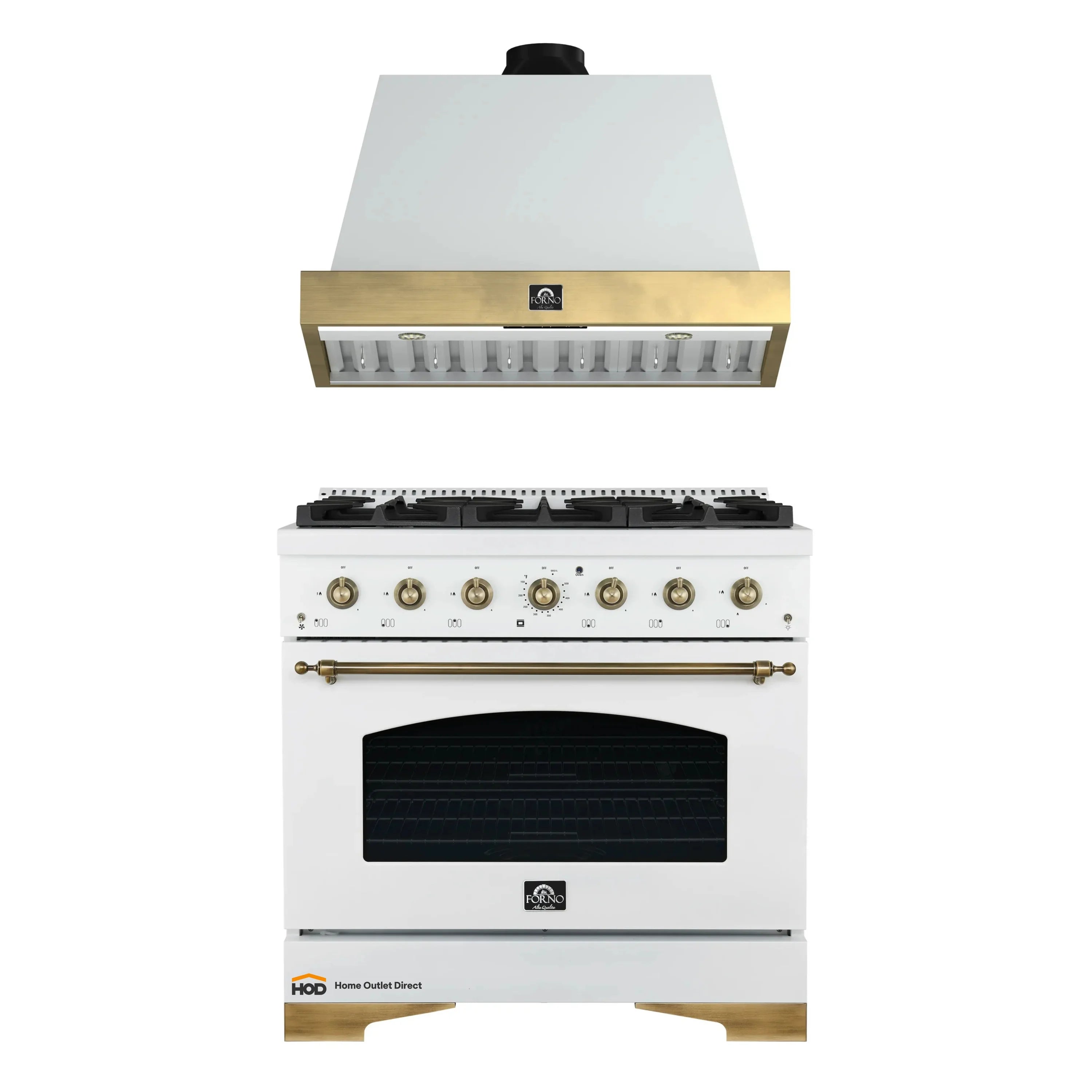 Forno Antico white 36" gas range with wall hood, antique brass trim, control knobs