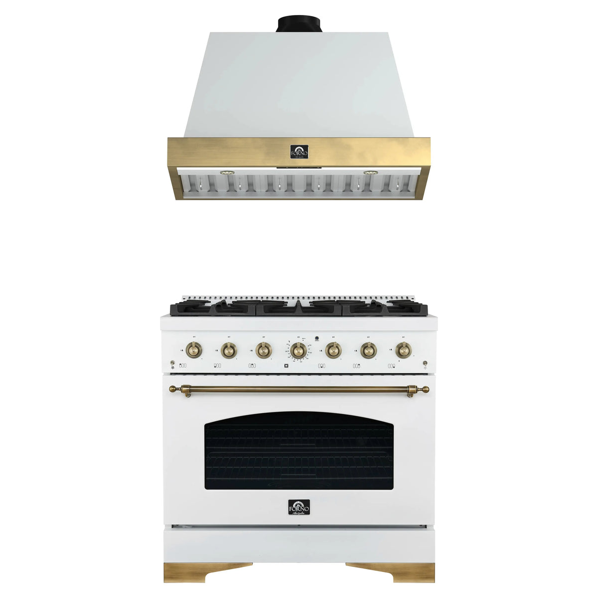 Forno Antico 2-Piece Appliance Package - 36-Inch Gas Range & 36-Inch Wall Mount Range Hood in White with Antique Brass Trim