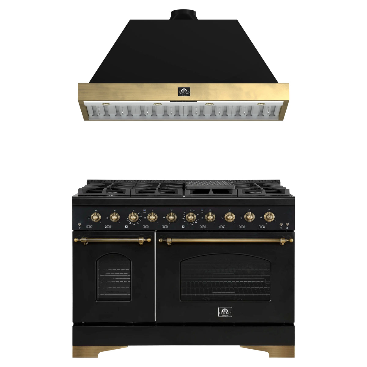 Forno Antico 2-Piece Appliance Package - 48-Inch Gas Range & 48-Inch Wall Mount Range Hood in Black with Antique Brass Trim