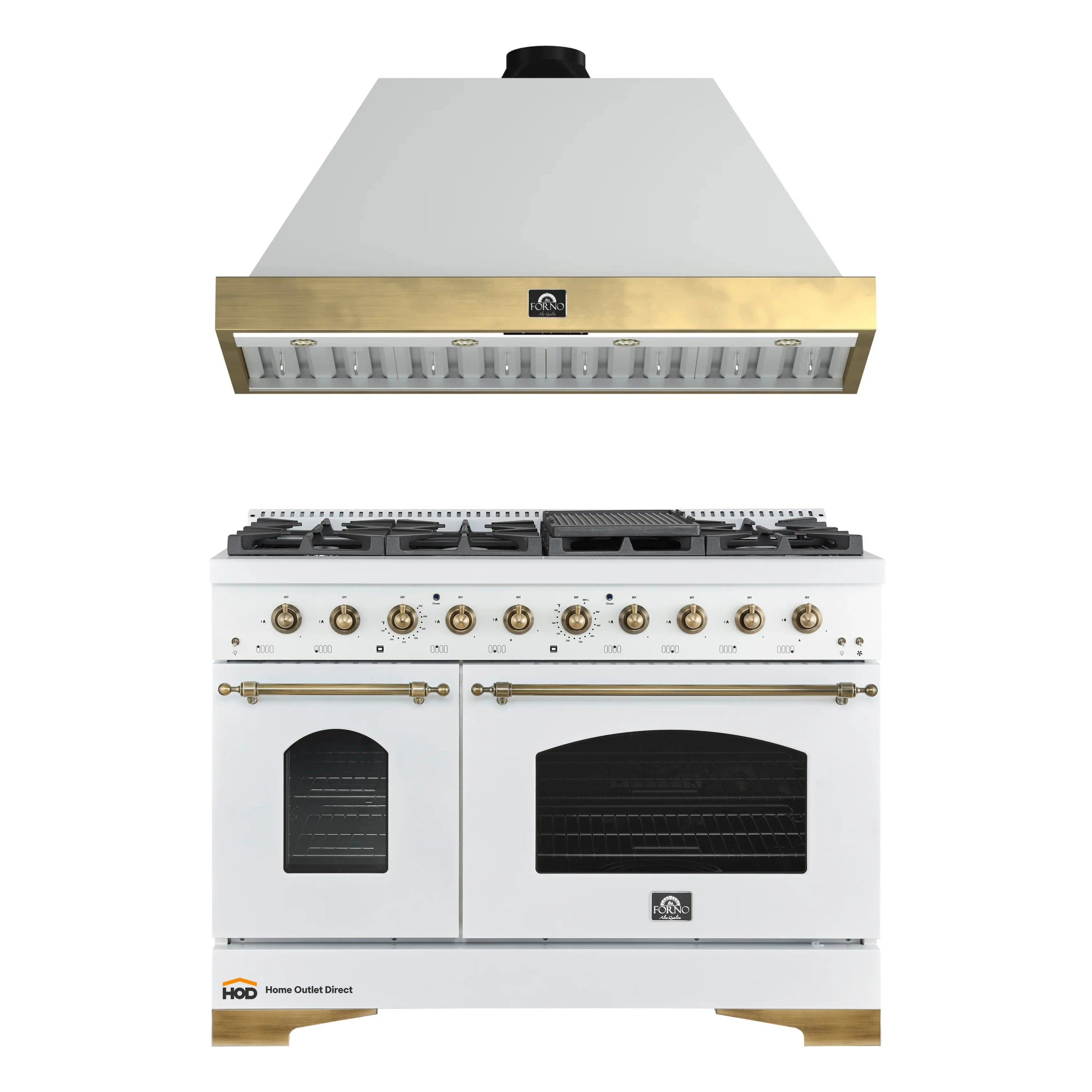 Forno Antico white gas range with two ovens and wall hood, antique brass accents
