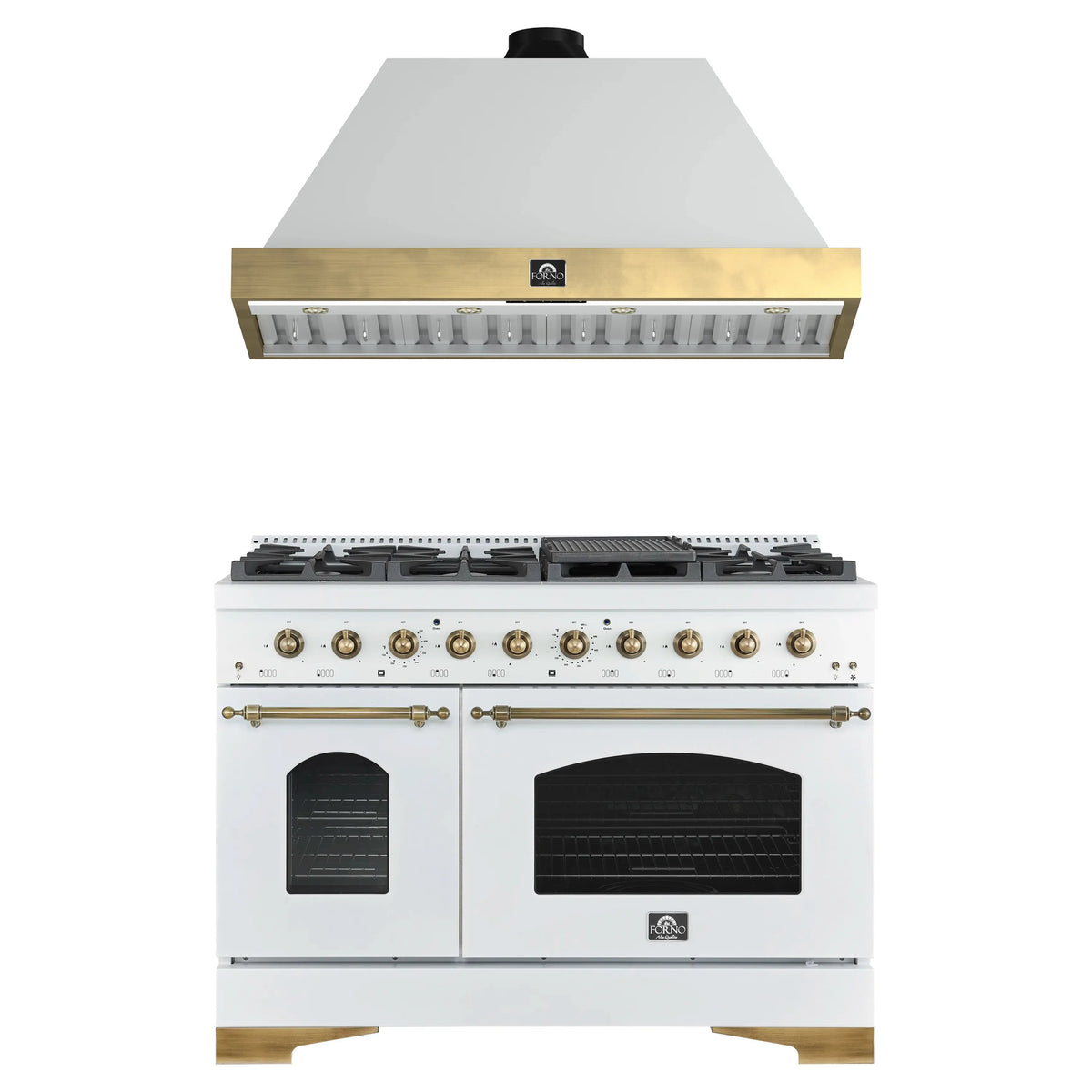 Forno Antico 2-Piece Appliance Package - 48-Inch Gas Range & 48-Inch Wall Mount Range Hood in White with Antique Brass Trim