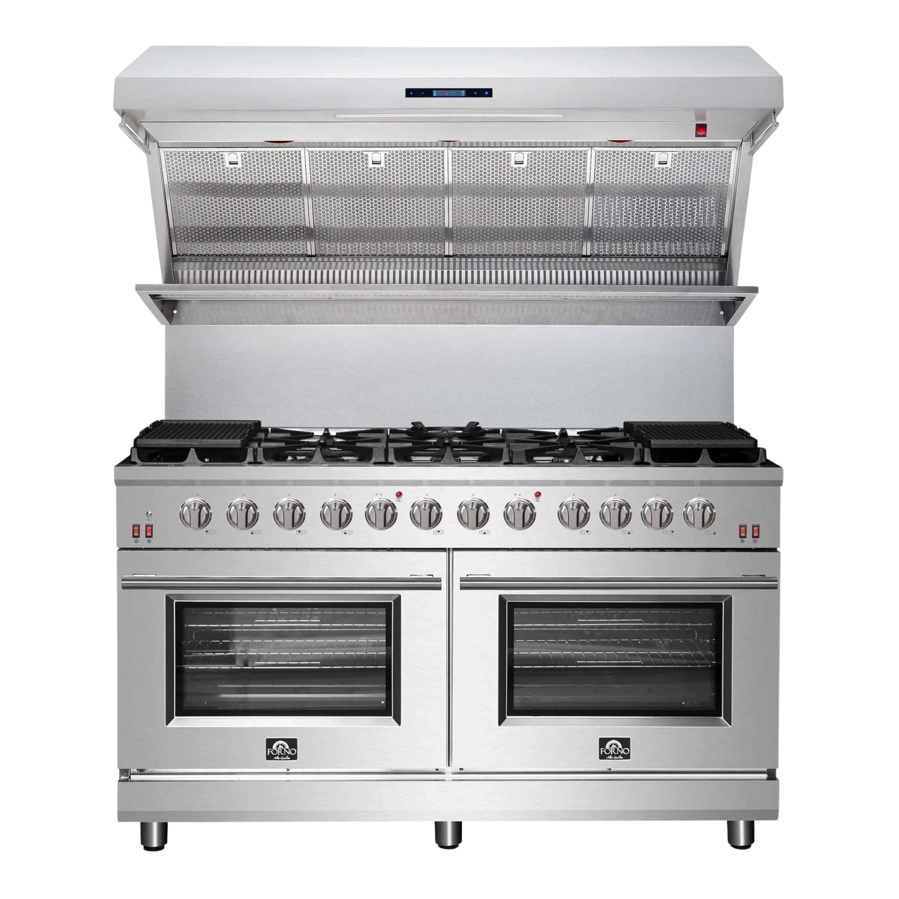 Stainless steel 60-inch gas range with dual ovens and overhead hood with mesh filters