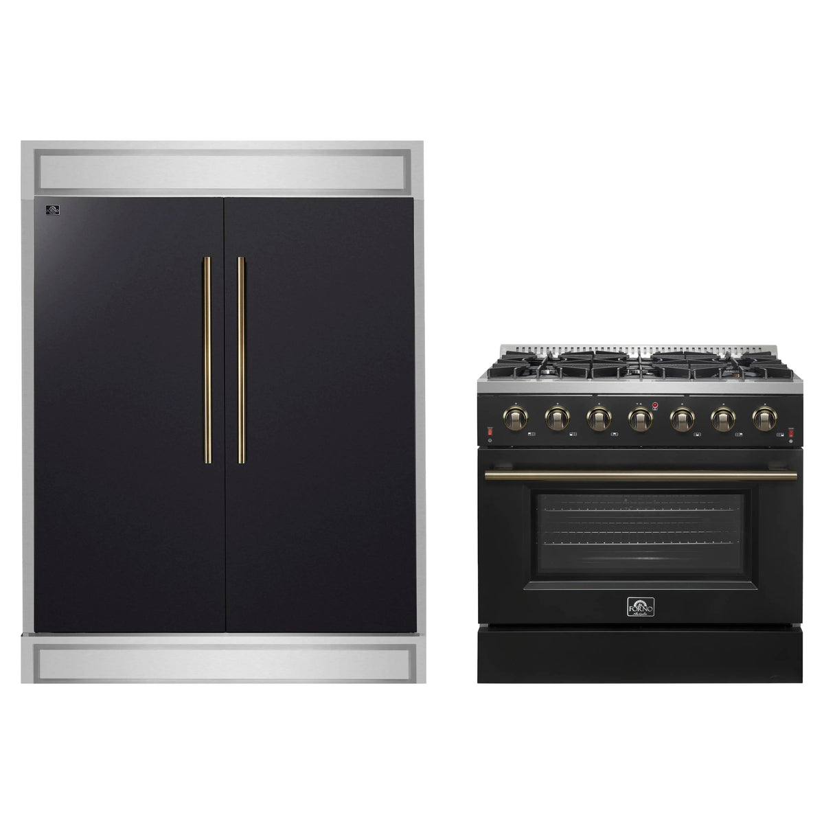 Forno 2-Piece Appliance Package - 36-Inch Gas Range & 60-Inch Refrigerator in Black with Antique Brass Trim