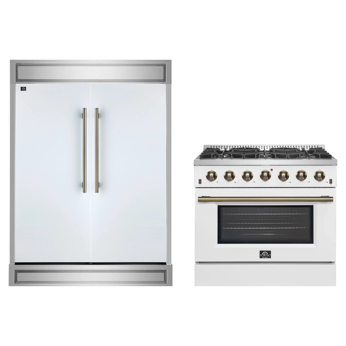 Forno 2-Piece Appliance Package - 36-Inch Gas Range & 60-Inch Refrigerator in White with Antique Brass Trim