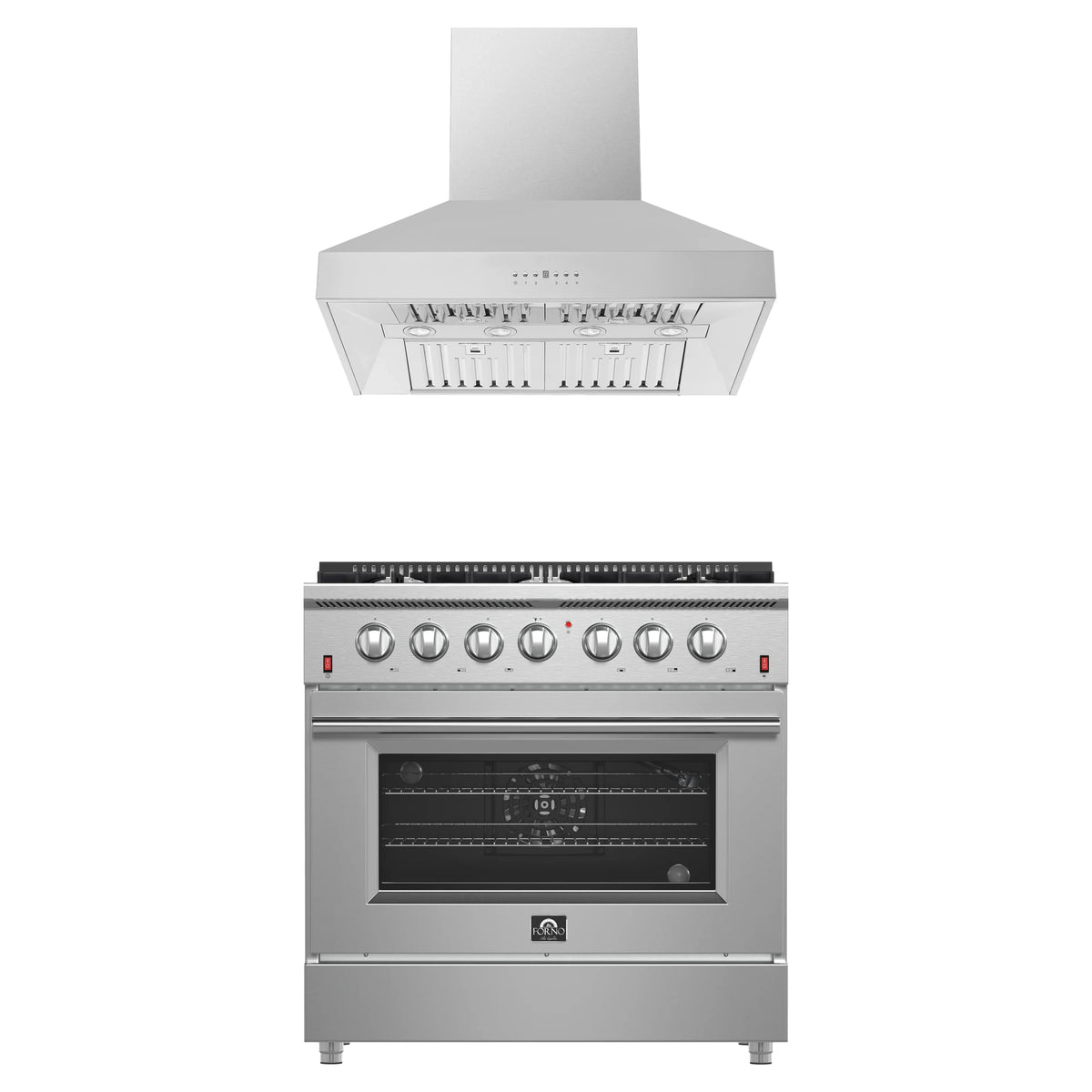 Forno 2-Piece Appliance Package - 36-Inch Gas Range & Wall Mount Hood in Stainless Steel