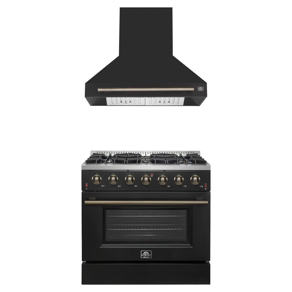 Forno Galiano 2-Piece Appliance Package - 36-Inch Gas Range & 36-Inch Wall Mount Range Hood in Black with Antique Brass Trim