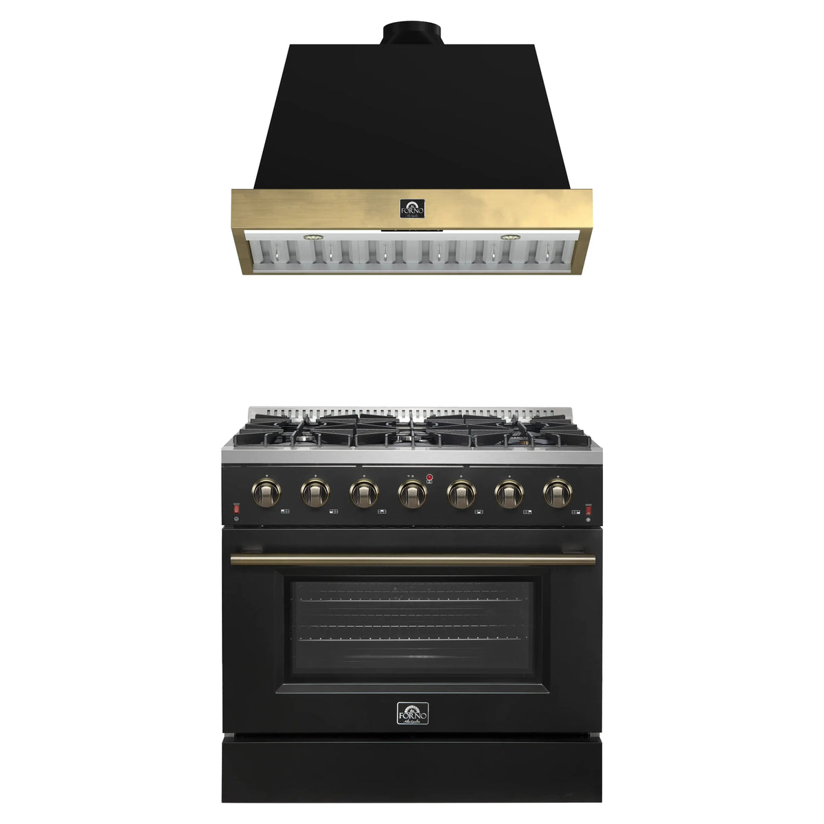 Forno Galiano 2-Piece Appliance Package - 36-Inch Gas Range & 36-Inch Wall Mount Range Hood in Black with Antique Brass Trim