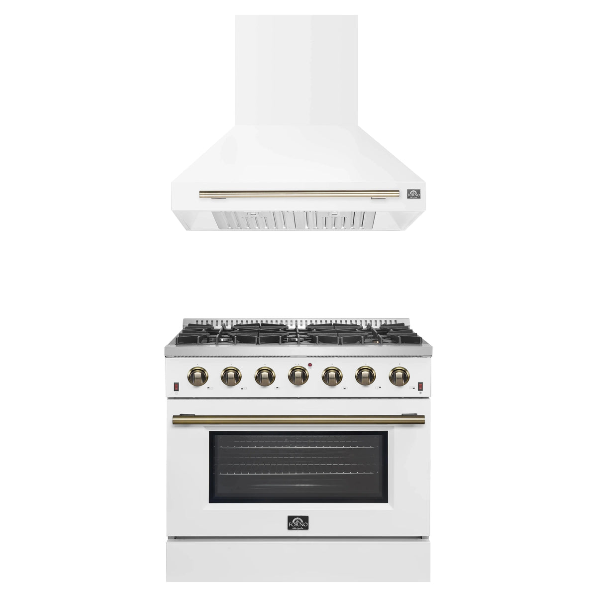 Forno Galiano 2-Piece Appliance Package - 36-Inch Gas Range & 36-Inch Wall Mount Range Hood in White with Antique Brass Trim