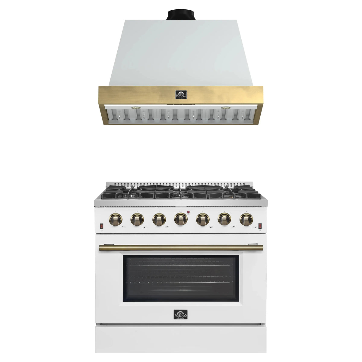 Forno Galiano 2-Piece Appliance Package - 36-Inch Gas Range & 36-Inch Wall Mount Range Hood in White with Antique Brass Trim