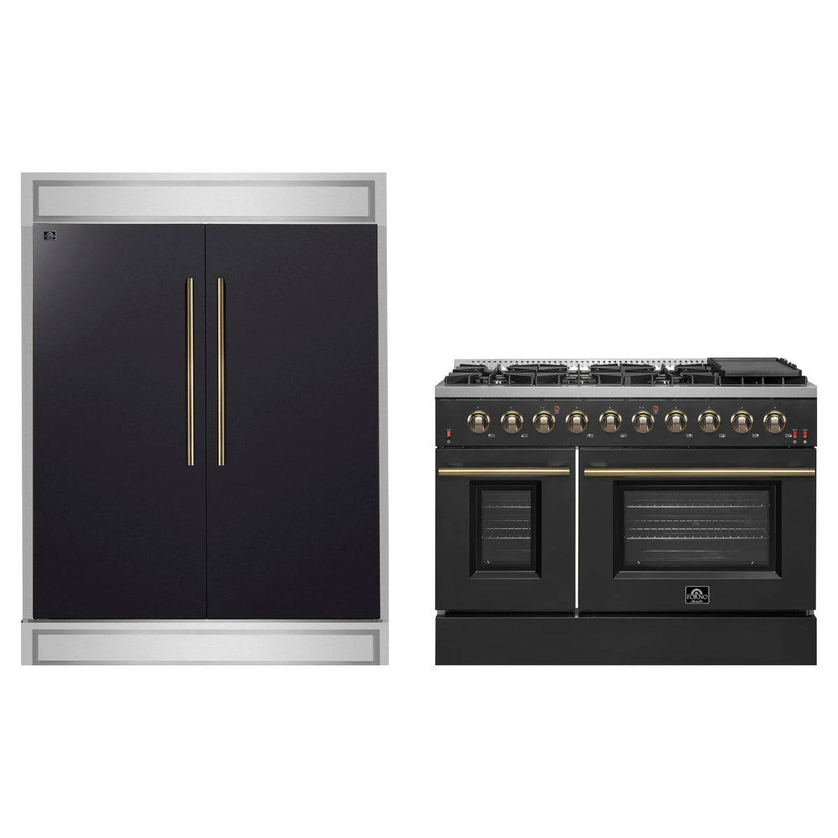 Forno 2-Piece Appliance Package - 48-Inch Gas Range & 60-Inch Refrigerator in Black with Antique Brass Trim