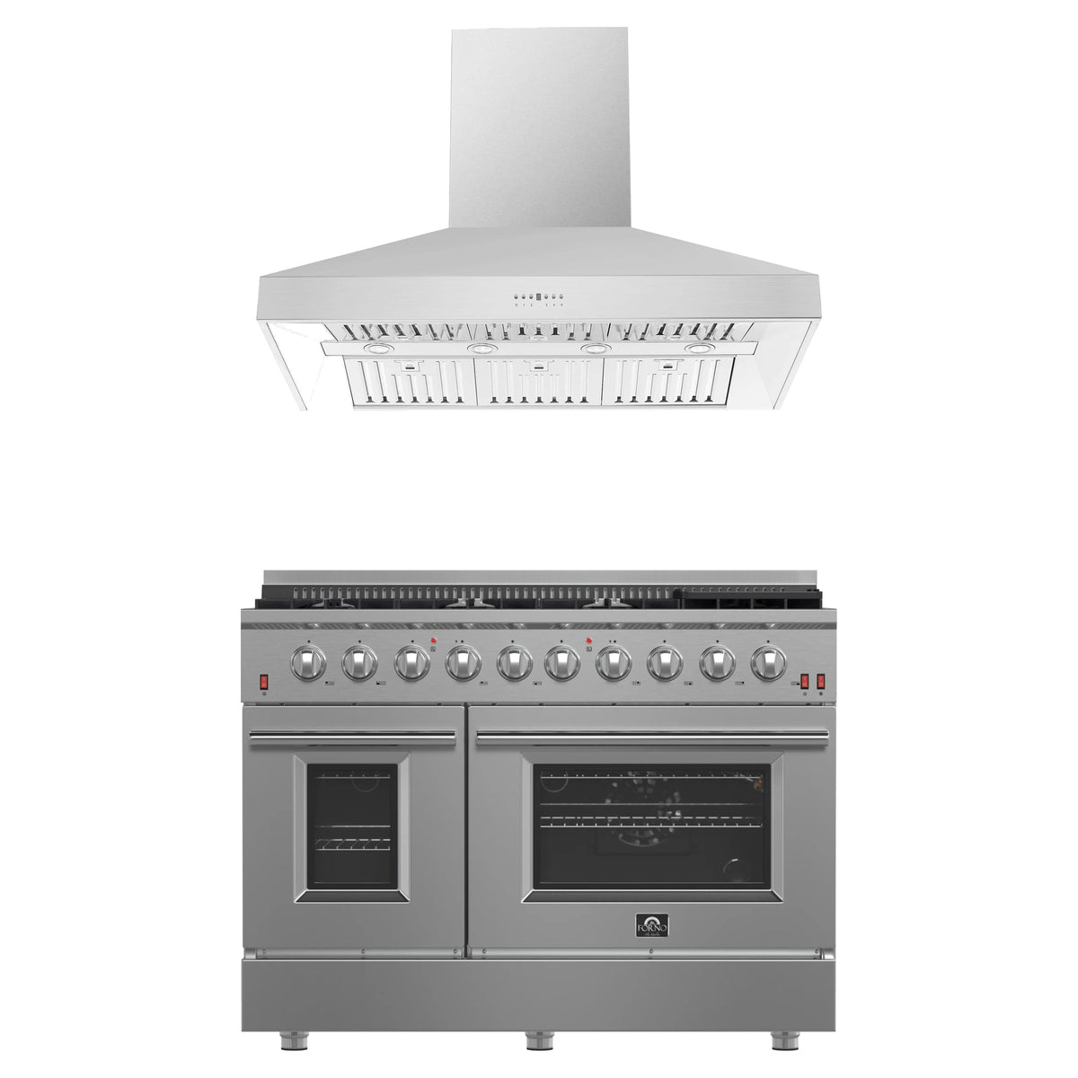 Forno 2-Piece Appliance Package - 48-Inch Gas Range & Wall Mount Hood in Stainless Steel