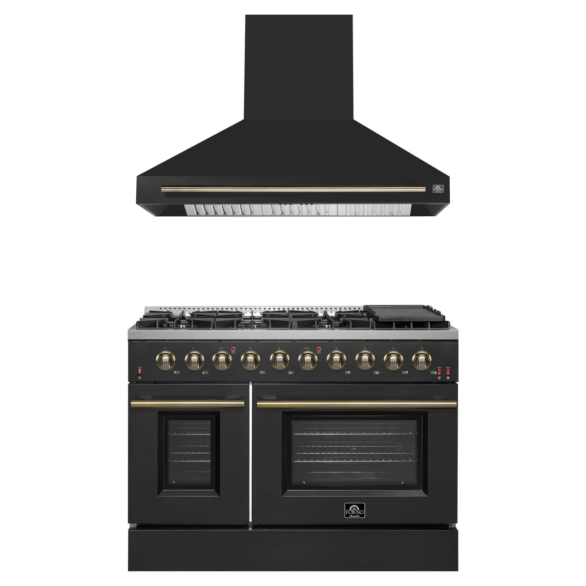 Forno Galiano 2-Piece Appliance Package - 48-Inch Gas Range & 48-Inch Wall Mount Range Hood in Black with Antique Brass Trim