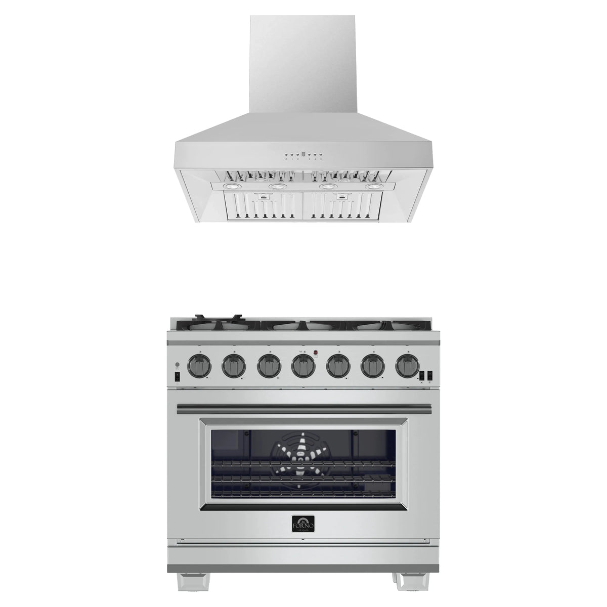 Forno 2-Piece Pro Appliance Package - 36-Inch Gas Range & Wall Mount Hood in Stainless Steel