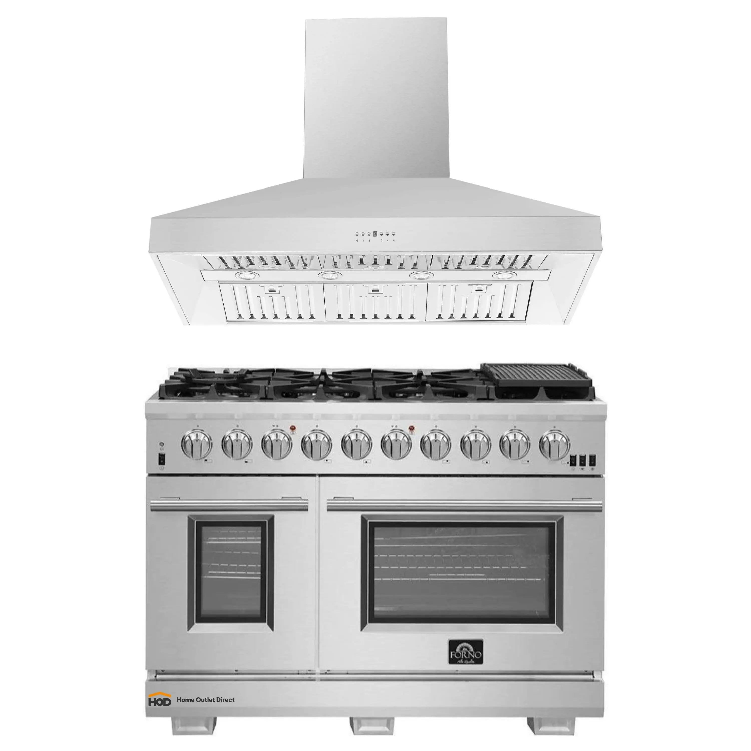 Stainless steel gas range with wall hood, burner grates, and two oven doors