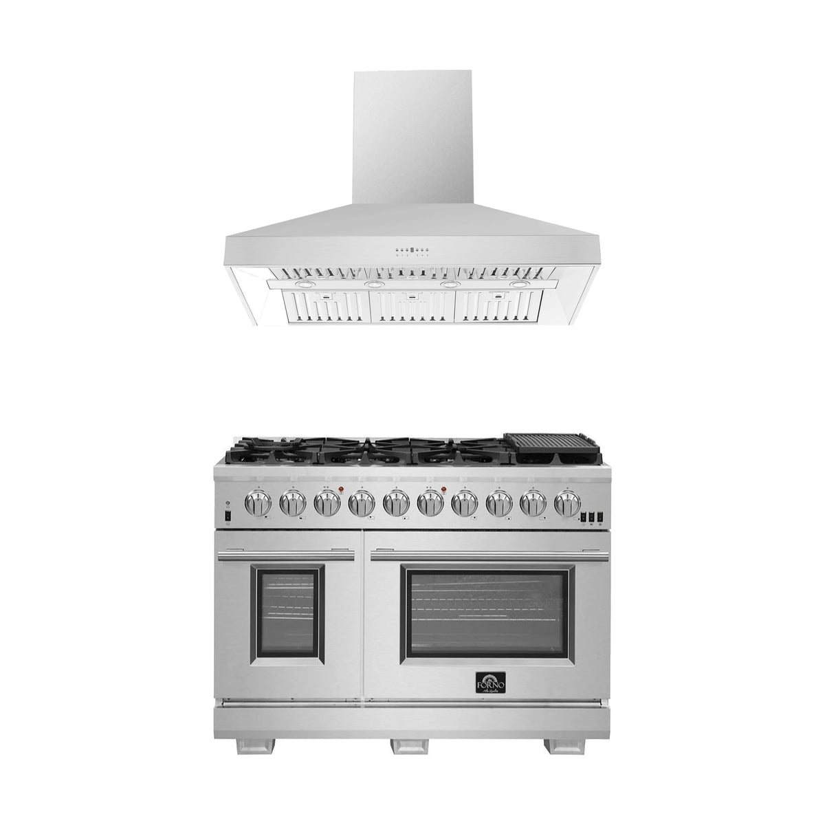 Forno 2-Piece Pro Appliance Package - 48-Inch Gas Range & Wall Mount Hood in Stainless Steel