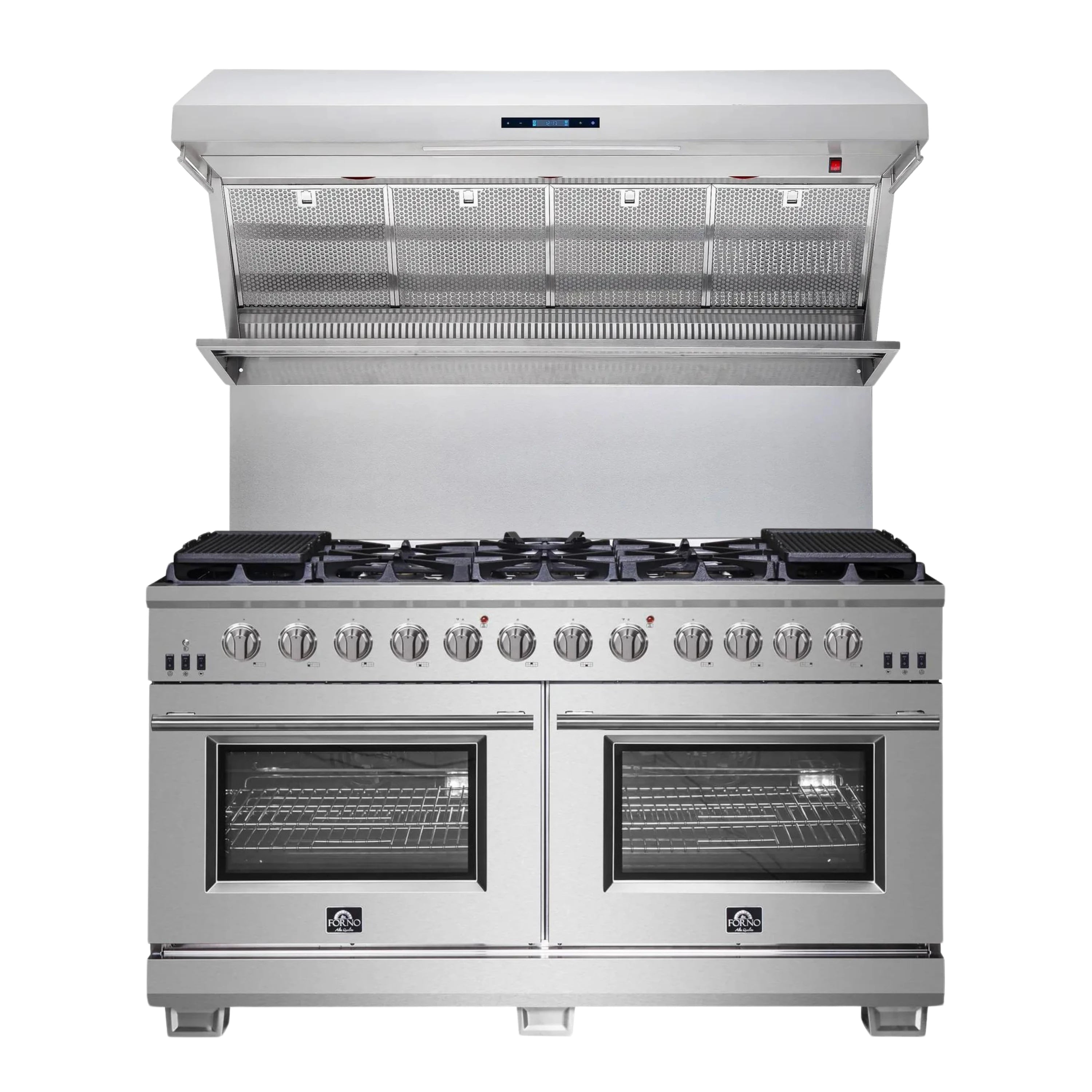 Stainless steel 60-inch gas range with two ovens and wall hood above