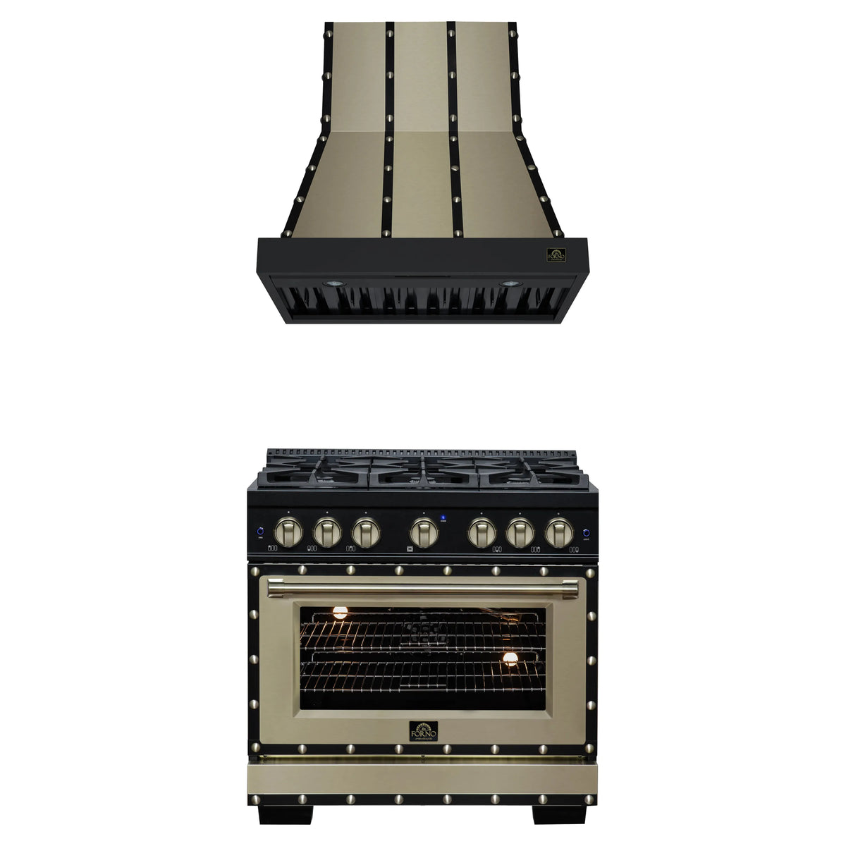 Forno 2-Piece Appliance Package - 36-Inch Gas Range & Wall Mount Range Hood in Black with Antique Brass Trim