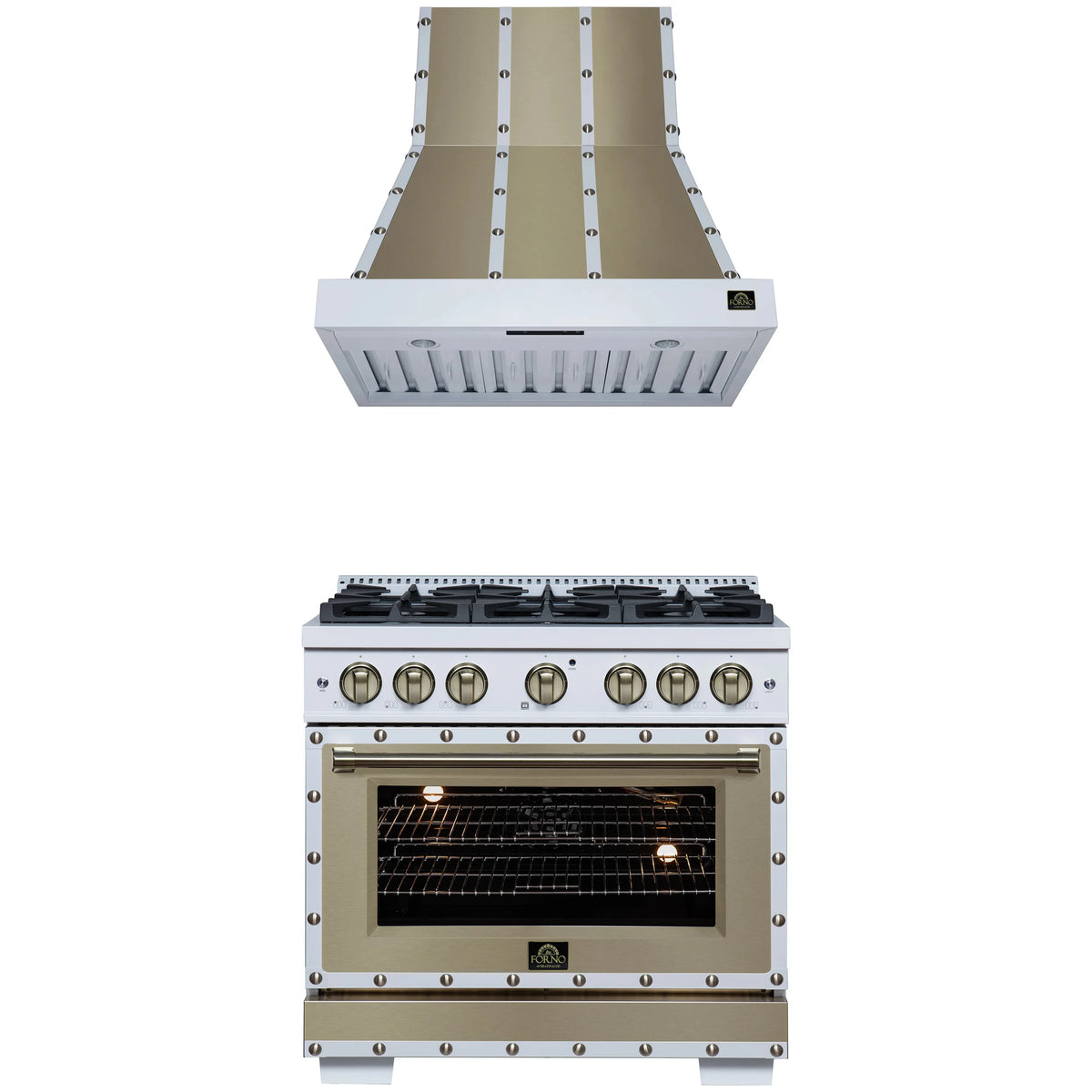 Forno 2-Piece Appliance Package - 36-Inch Gas Range & Wall Mount Range Hood in White with Antique Brass Trim