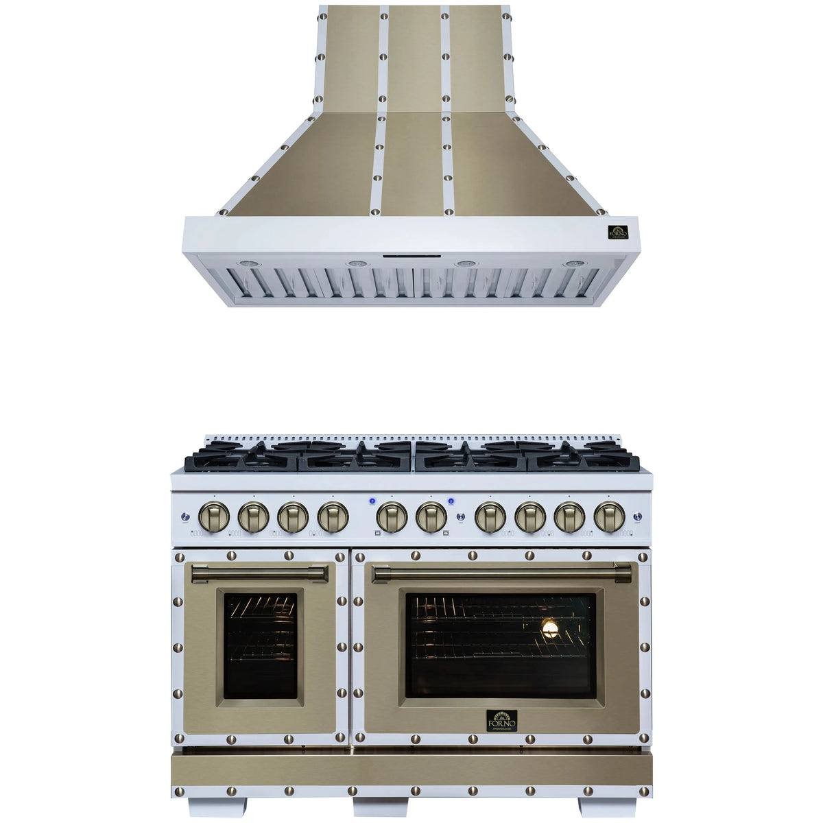 Forno 2-Piece Appliance Package - 48-Inch Gas Range & Wall Mount Range Hood in White with Antique Brass Trim