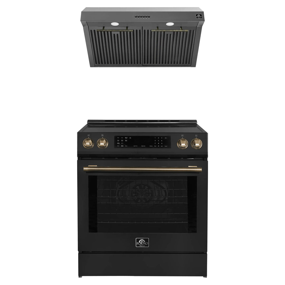 Forno Espresso 2-Piece Appliance Package - 30-Inch Induction Range and Under Cabinet Range Hood in Black with Antique Brass Trim