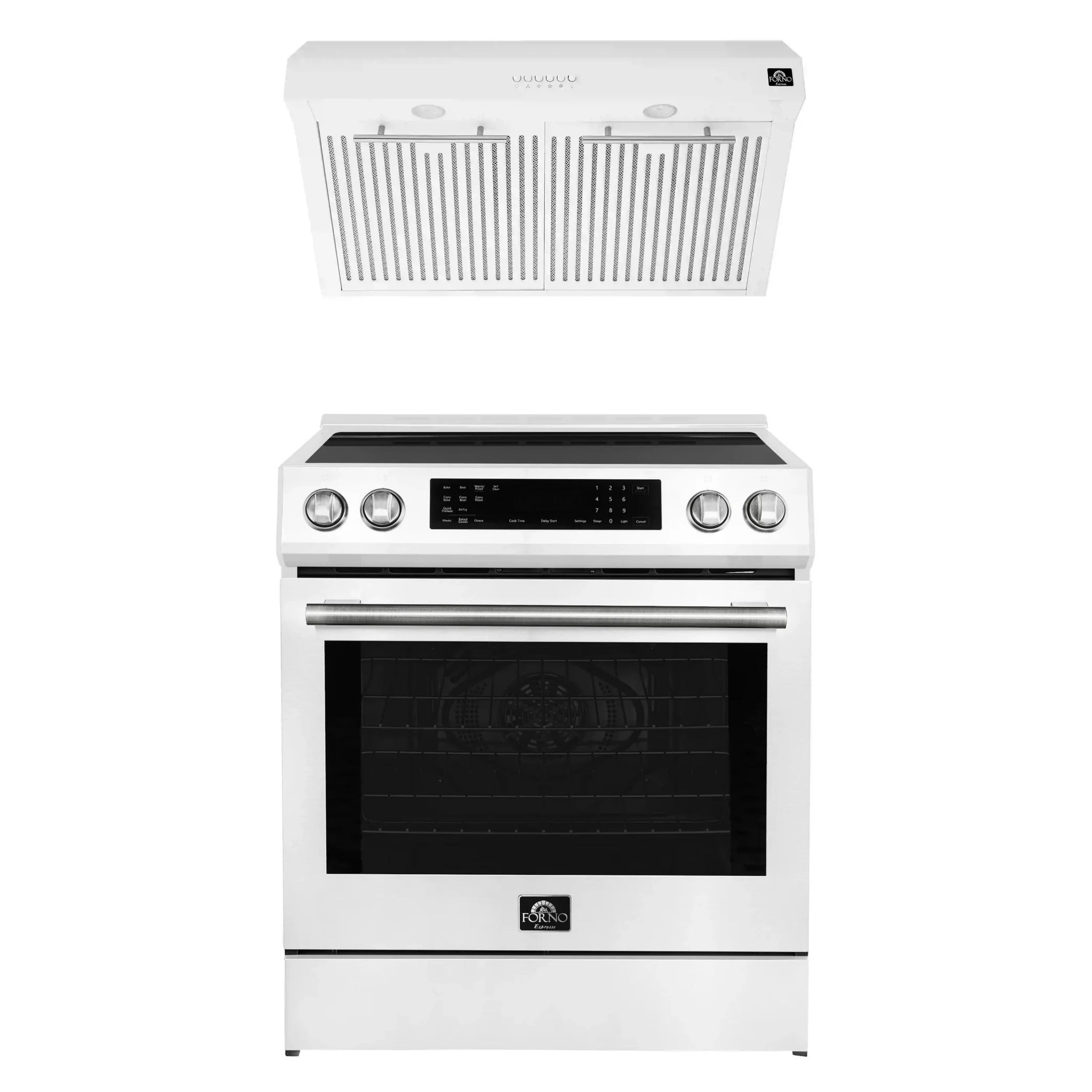 White induction range with stainless trim and under-cabinet range hood with vented grille