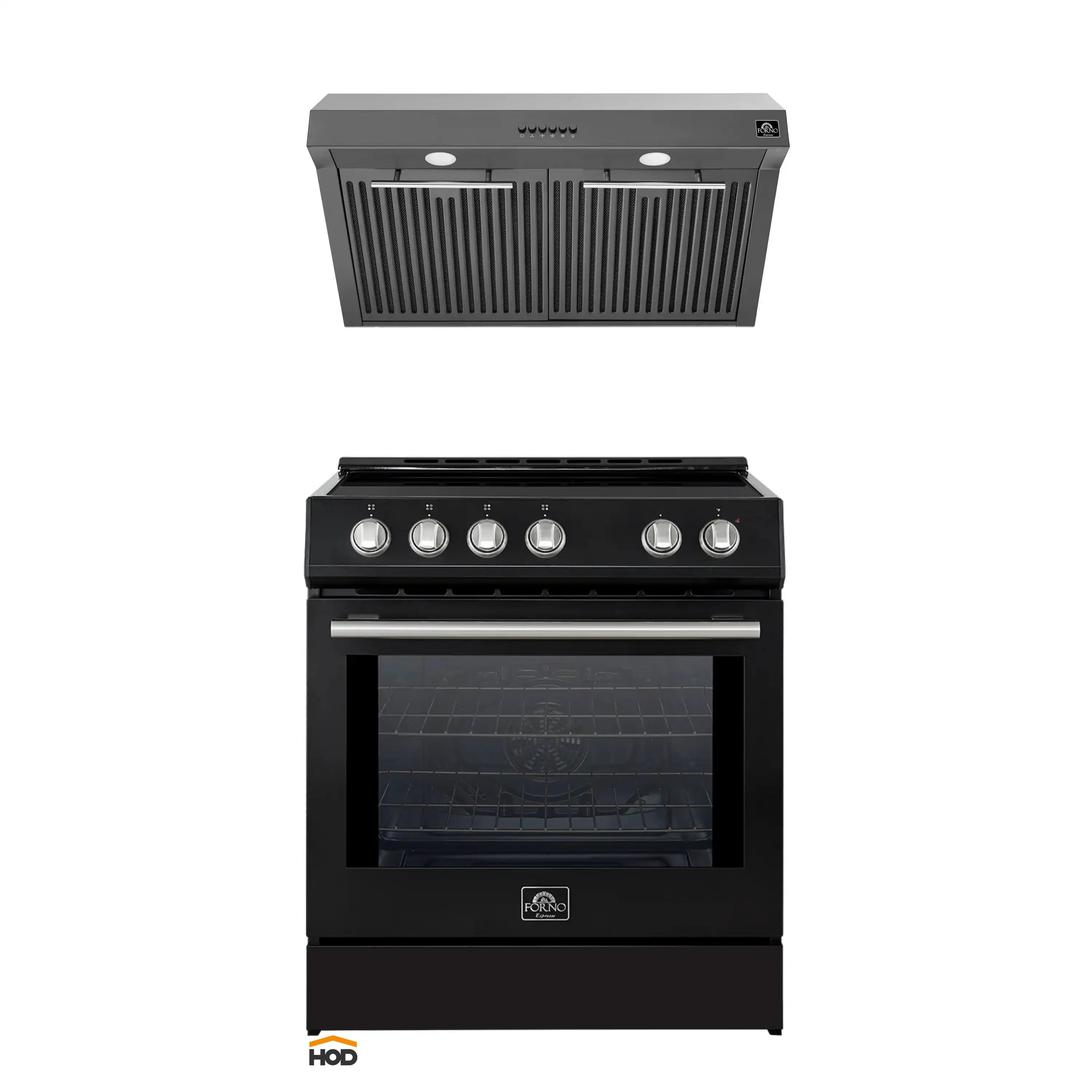 Black 30-inch induction range with oven door and matching under-cabinet range hood