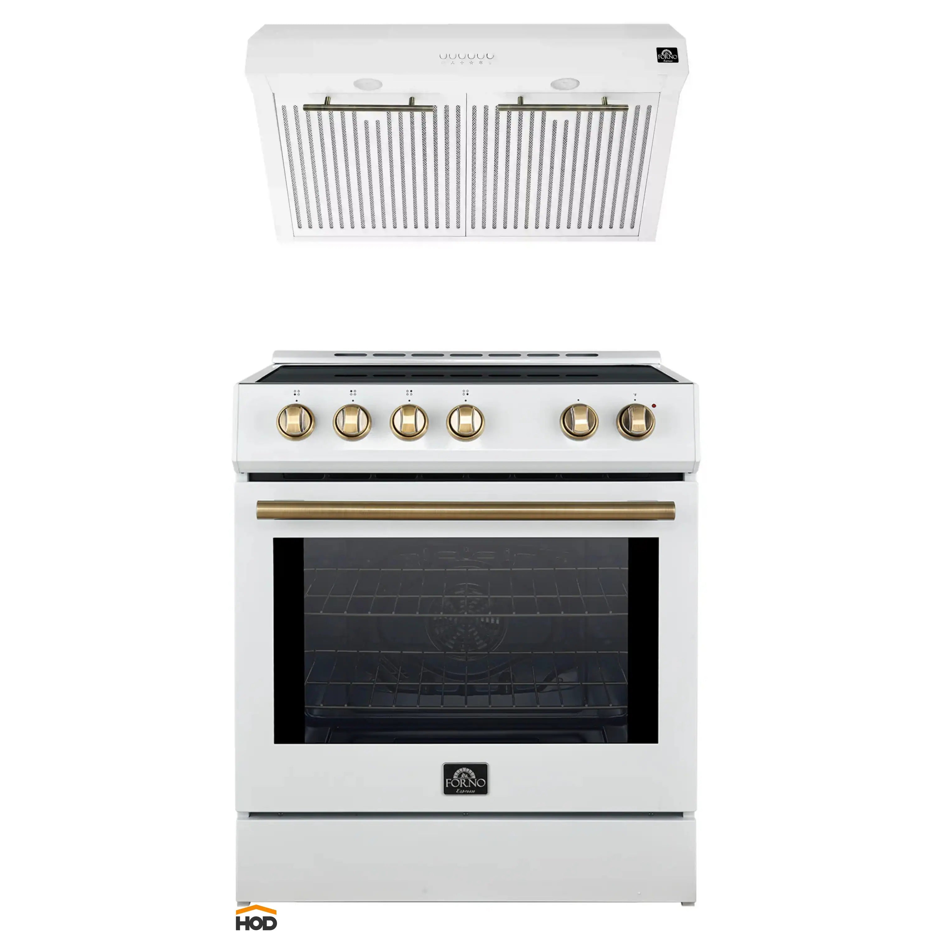 White induction range with brass knobs, open oven door, and cooktop burners