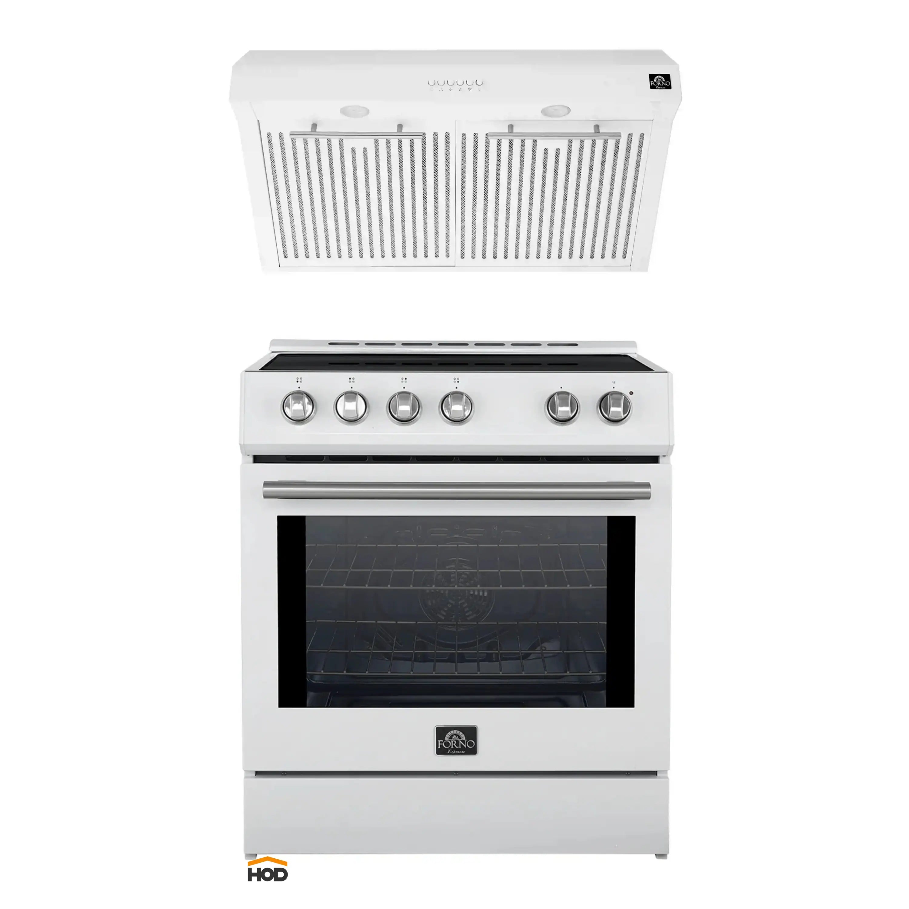 White induction range and under-cabinet range hood with stainless steel trim