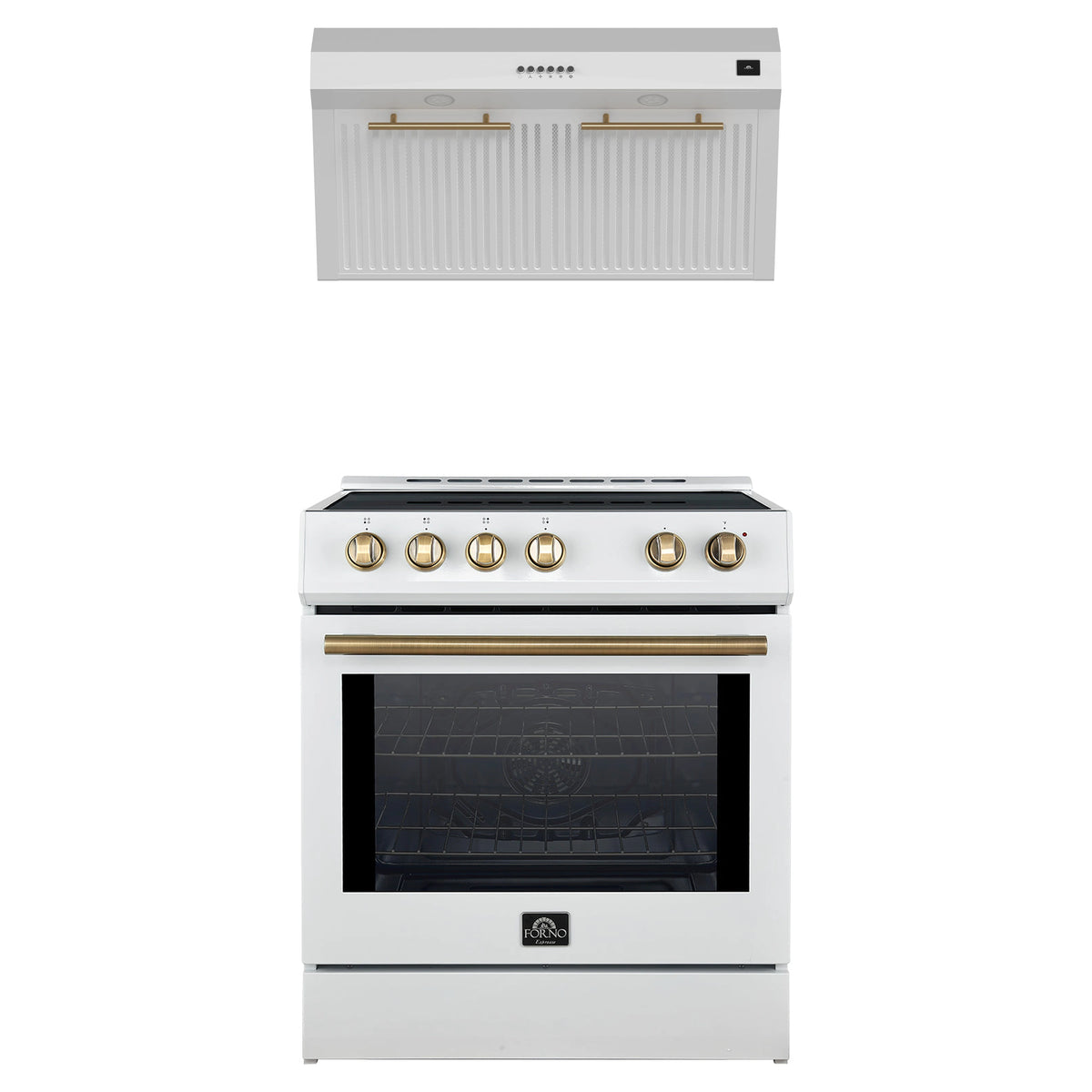 Forno 2-Piece Appliance Package - 30-Inch Induction Range, and Under Cabinet Range Hood in White with Antique Brass Trim