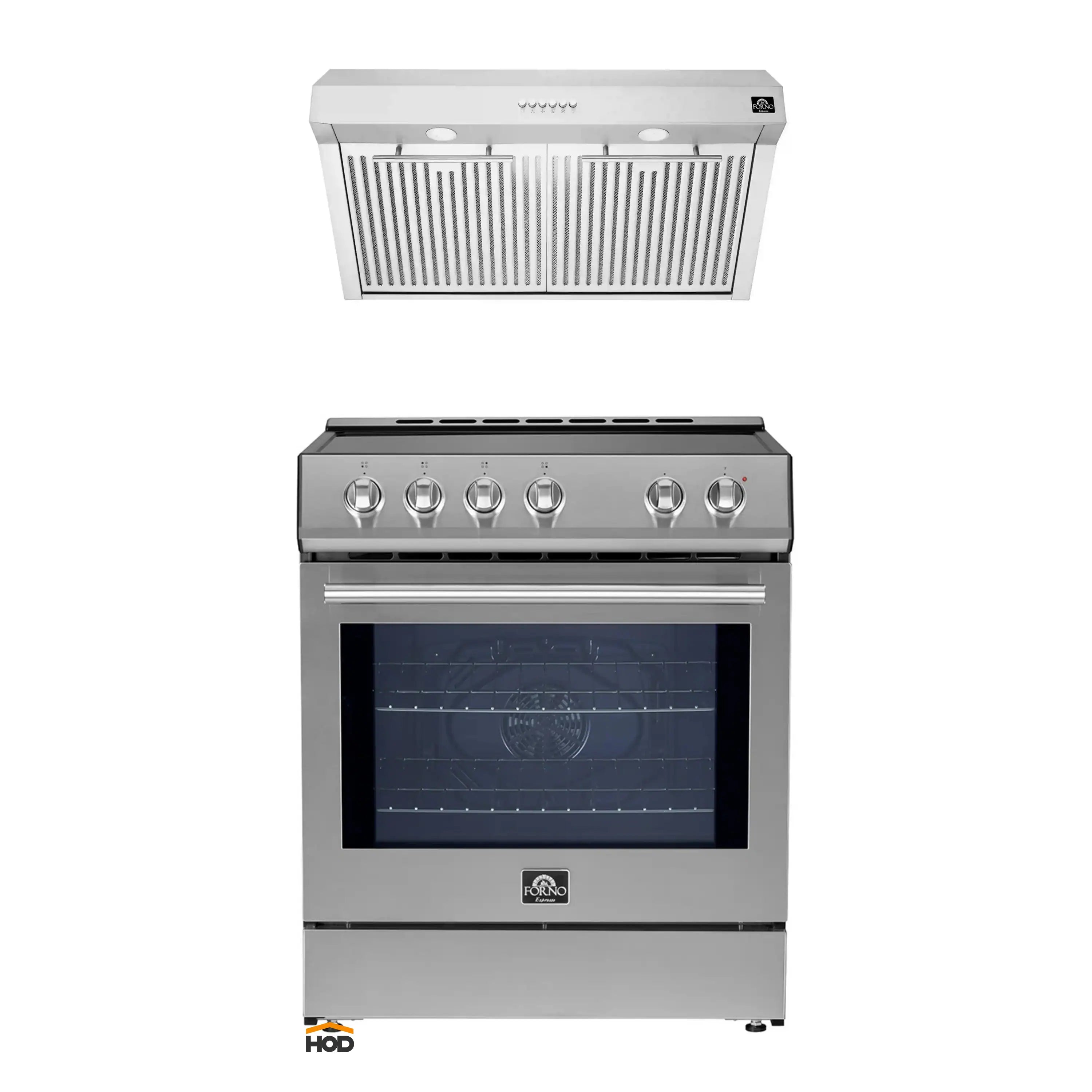 Stainless steel induction range with oven window and control knobs, plus hood