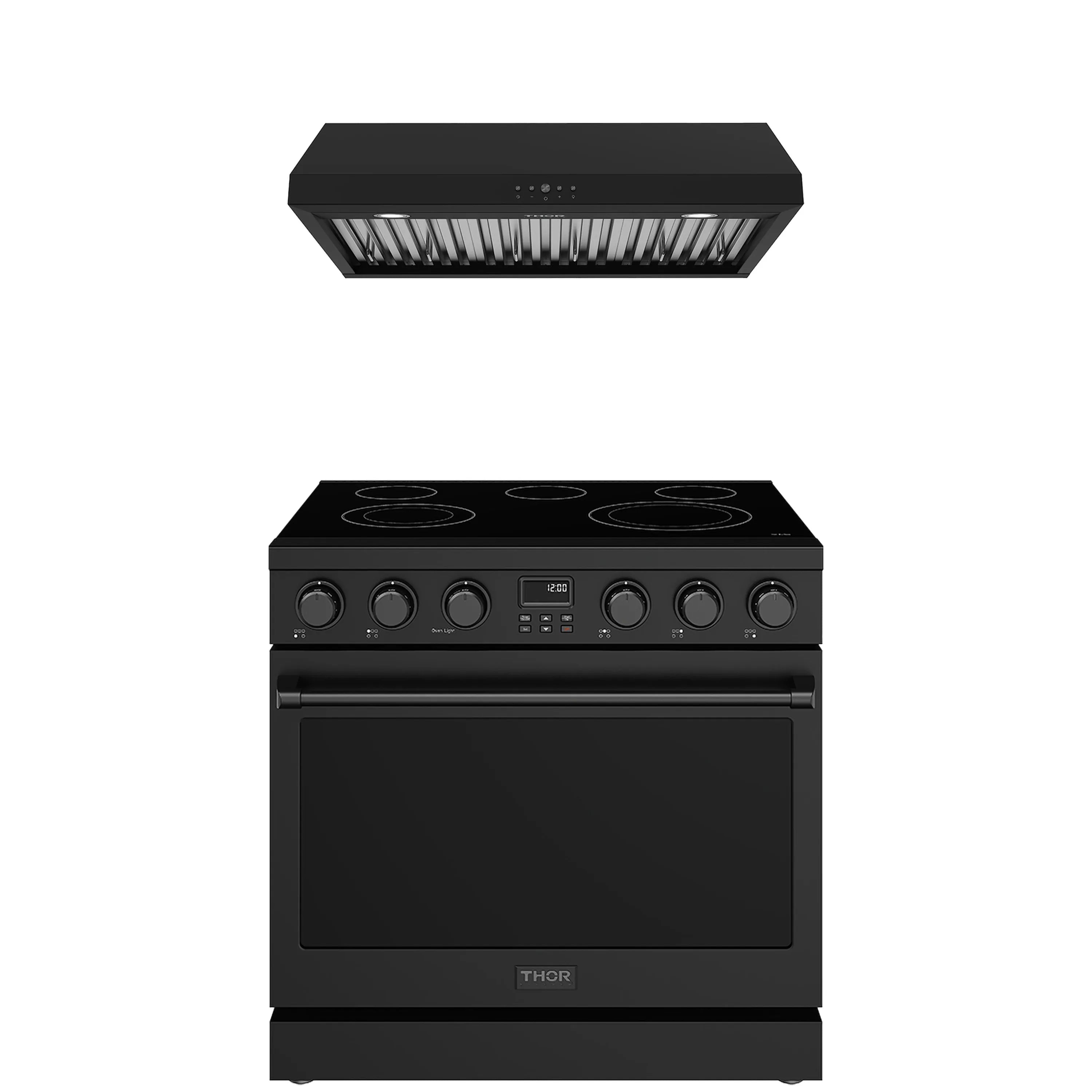 Black electric range with four coil burners, control panel, and closed oven door