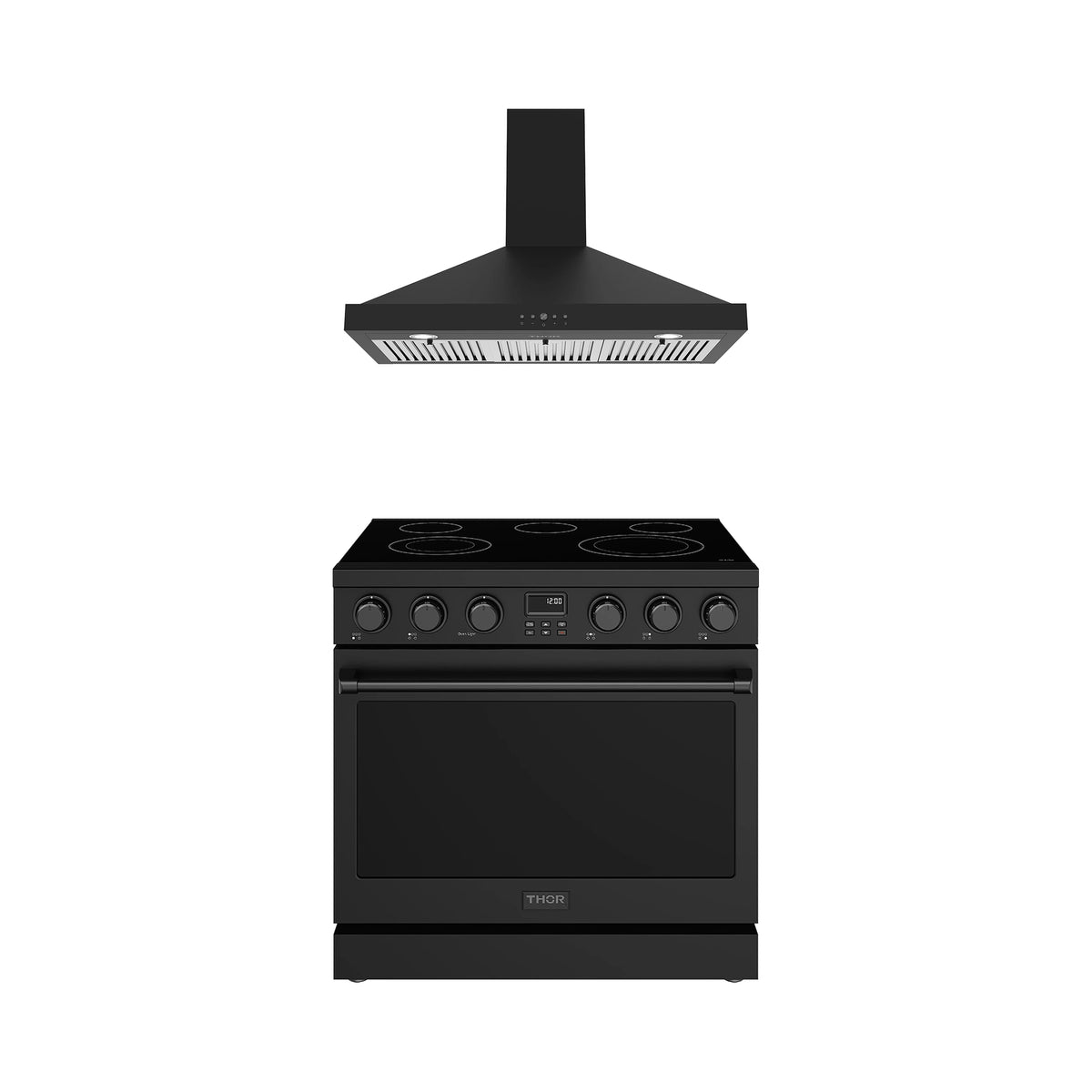 Thor Kitchen 2-Piece Appliance Package - 36-Inch Electric Range & Wall Mount Hood in Black