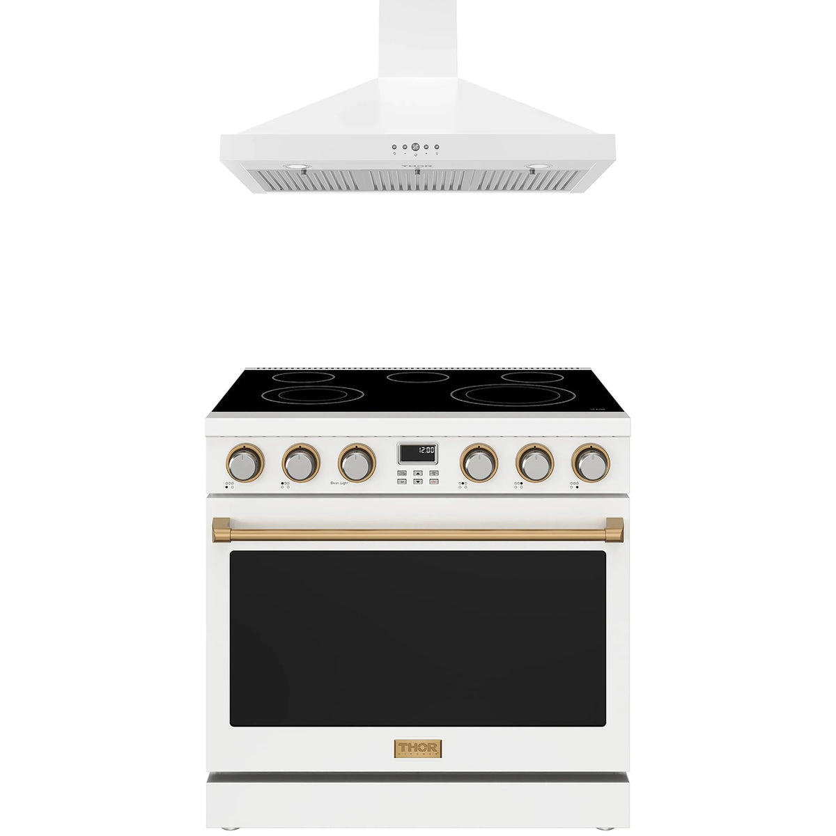 White Thor Kitchen appliance package with 36-inch electric range, wall mount range hood